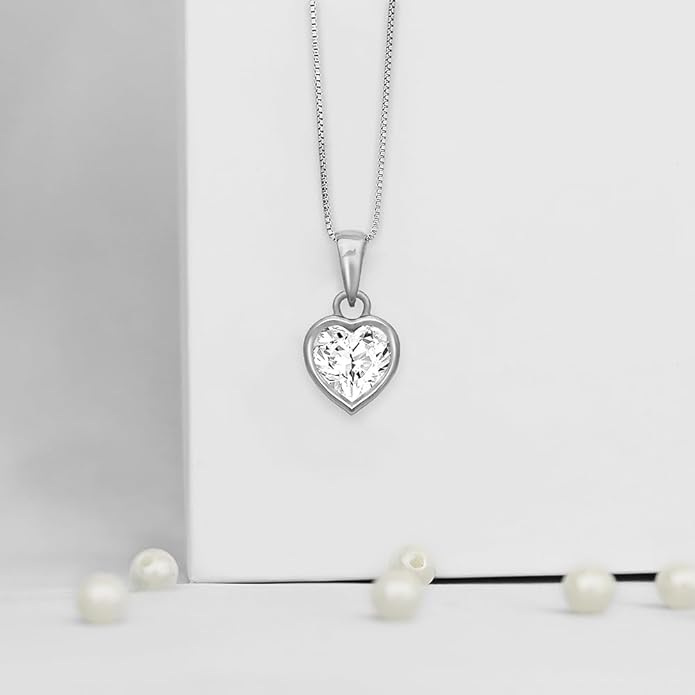 Silver Heart Shaped Zircon Coeur Pendant with Chain 