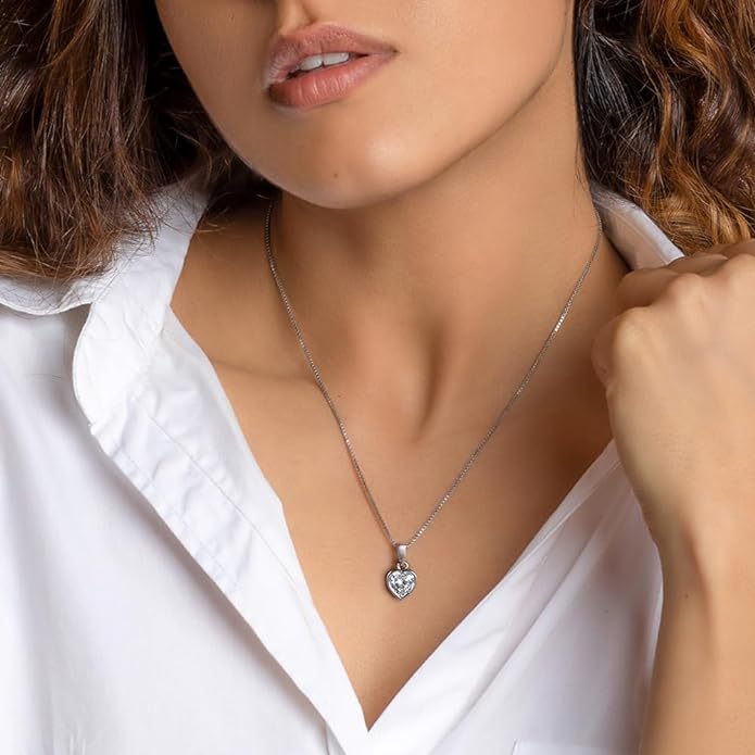 Silver Heart Shaped Zircon Coeur Pendant with Chain 