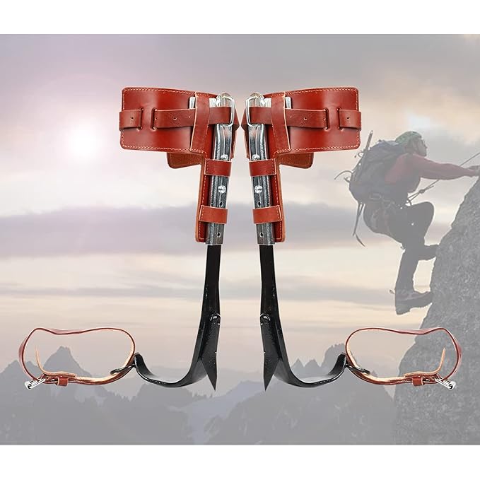 Stainless Steel Climbing Trees Gears with Cattle Hide Leggings Straps and Extra Multi-Functional Straps for Outdoor Jungle Survival Fruit Picking