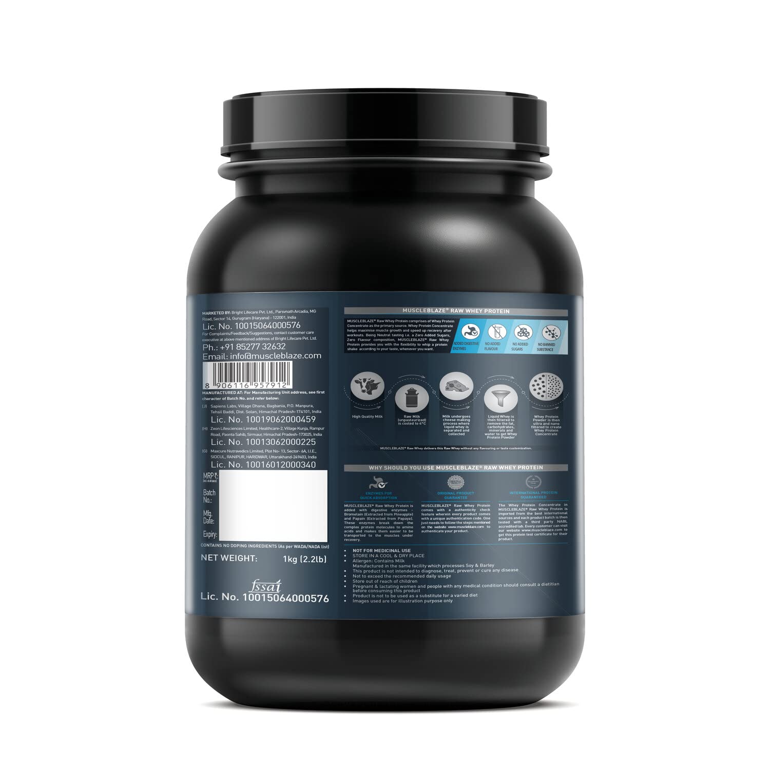 MuscleBlaze Raw Whey Protein Concentrate (Unflavoured, 1 kg / 2.2 lb) with Added Digestive Enzymes