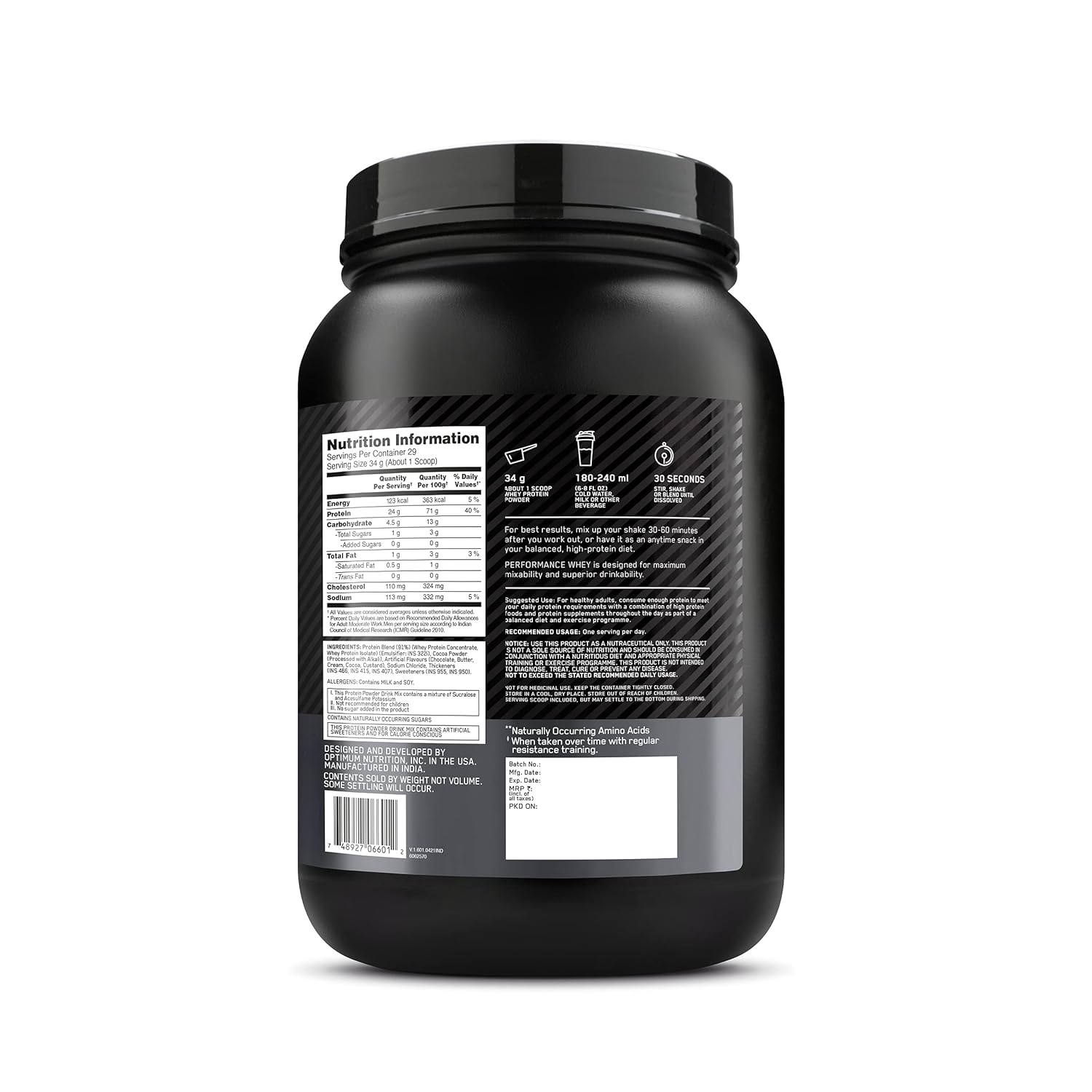 OPTIMUM NUTRITION Performance Whey Protein Powder Blend with Isolate, 24g Protein, 5g BCAA, Chocolate, 1 kg