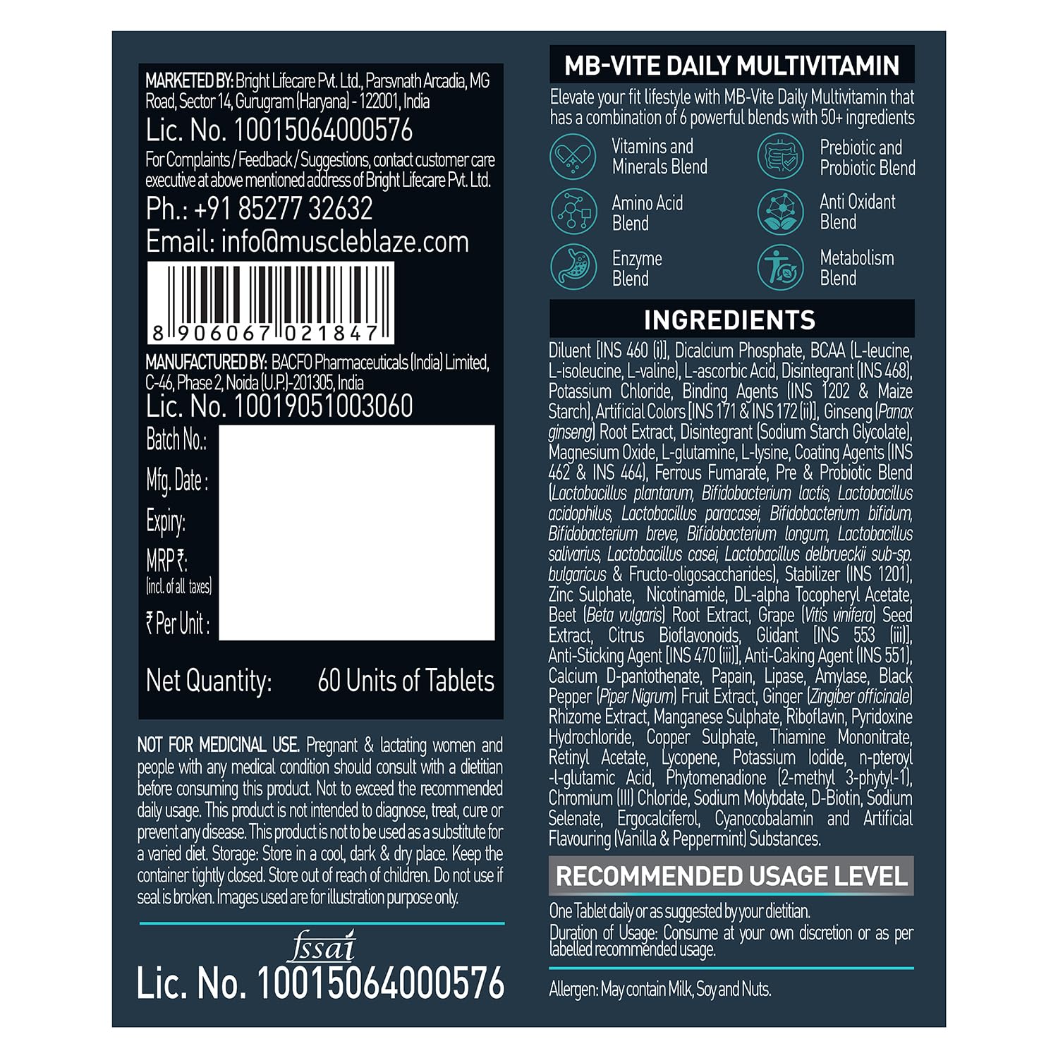  MuscleBlaze MB-Vite Daily Multivitamin with 51 Ingredients & 6 Blends, Vitamins & Minerals, Prebiotic & Probiotics, Amino Acid Blends