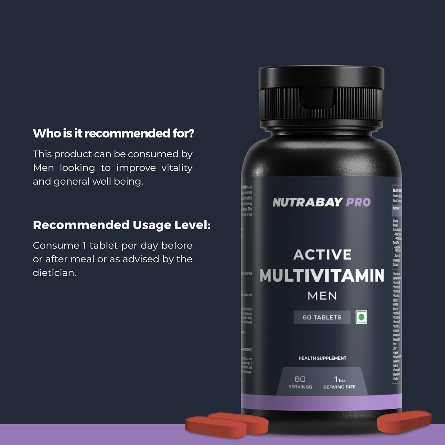 Nutrabay Pro Active Multivitamin for Men - 60 Tablets | 25 Vital Vitamins & Minerals with Zinc, Vitamin C, Vitamin D, Vitamin B12, and Multiminerals | Enhances Energy, Stamina & Immunity