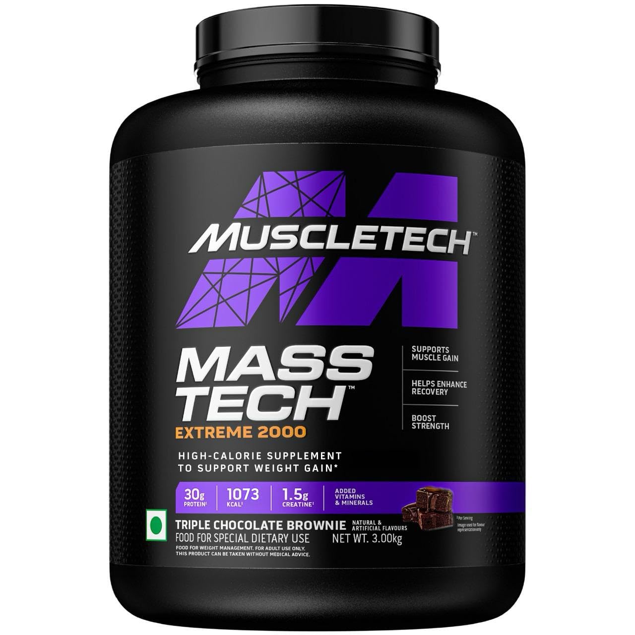 MuscleTech Veg Mass Gainer-Triple Chocolate Browmnie (3Kg Powder(10 Servings)-MassTech Extreme 2000 High Protein Food For Weight Gainer (30g Protein, 1062 Kcal,1.5g Creatine & Added Vitamin,Minerals)