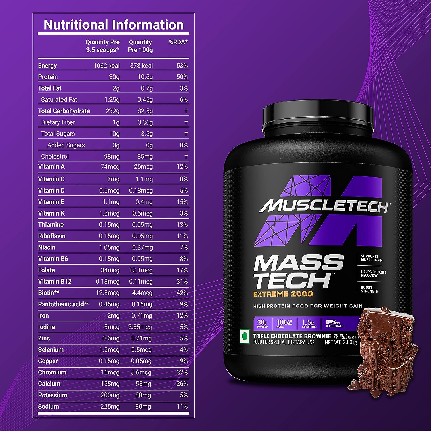 MuscleTech Veg Mass Gainer-Triple Chocolate Browmnie (3Kg Powder(10 Servings)-MassTech Extreme 2000 High Protein Food For Weight Gainer (30g Protein, 1062 Kcal,1.5g Creatine & Added Vitamin,Minerals)