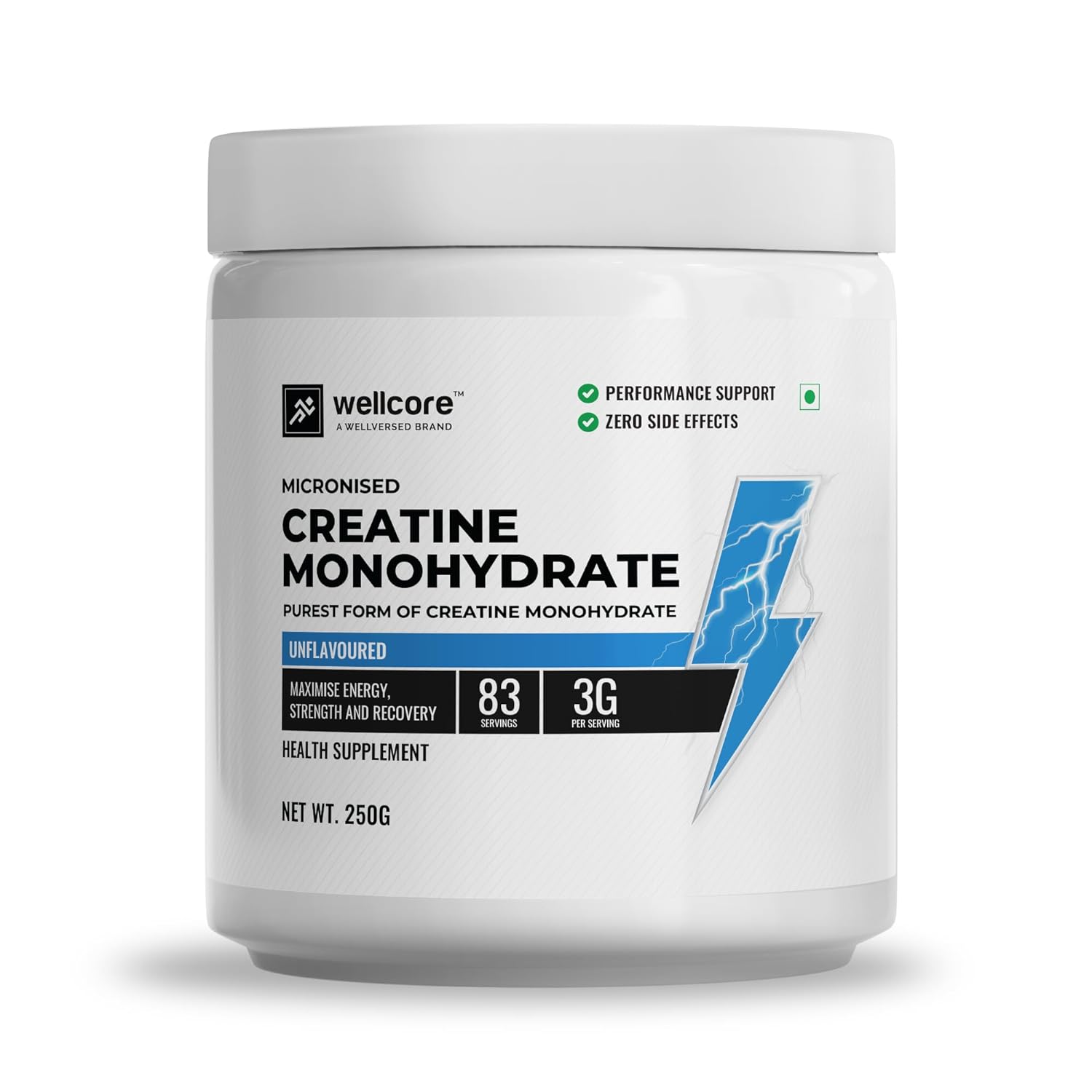 Wellcore - Pure Micronised Creatine Monohydrate (250g, 83 Servings) Unflavoured | Lab Tested | Rapid Absorption | Enhanced Muscle strength & Power | Fast Recovery | Increased Muscle Mass|Powder