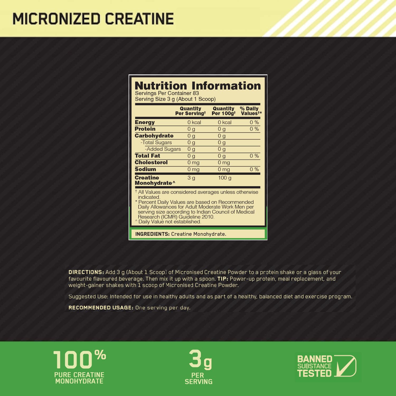 Optimum Nutrition (ON) Micronized Creatine Powder - 250 Gram, 83 Serves, Unflavored, 3g of 100% Creatine Monohydrate per serve, Supports Athletic Performance & Power