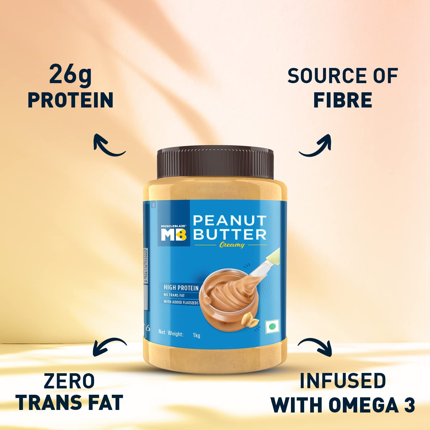 MuscleBlaze Classic Peanut Butter with Omega 3 & 6, Creamy, 26 g Protein, Fibre Rich, No Trans Fat, 1 kg