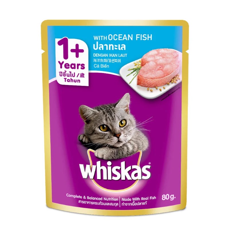 Whiskas Adult (1+ year) Wet Cat Food - Ocean Fish - (80g x 28 Pouches)