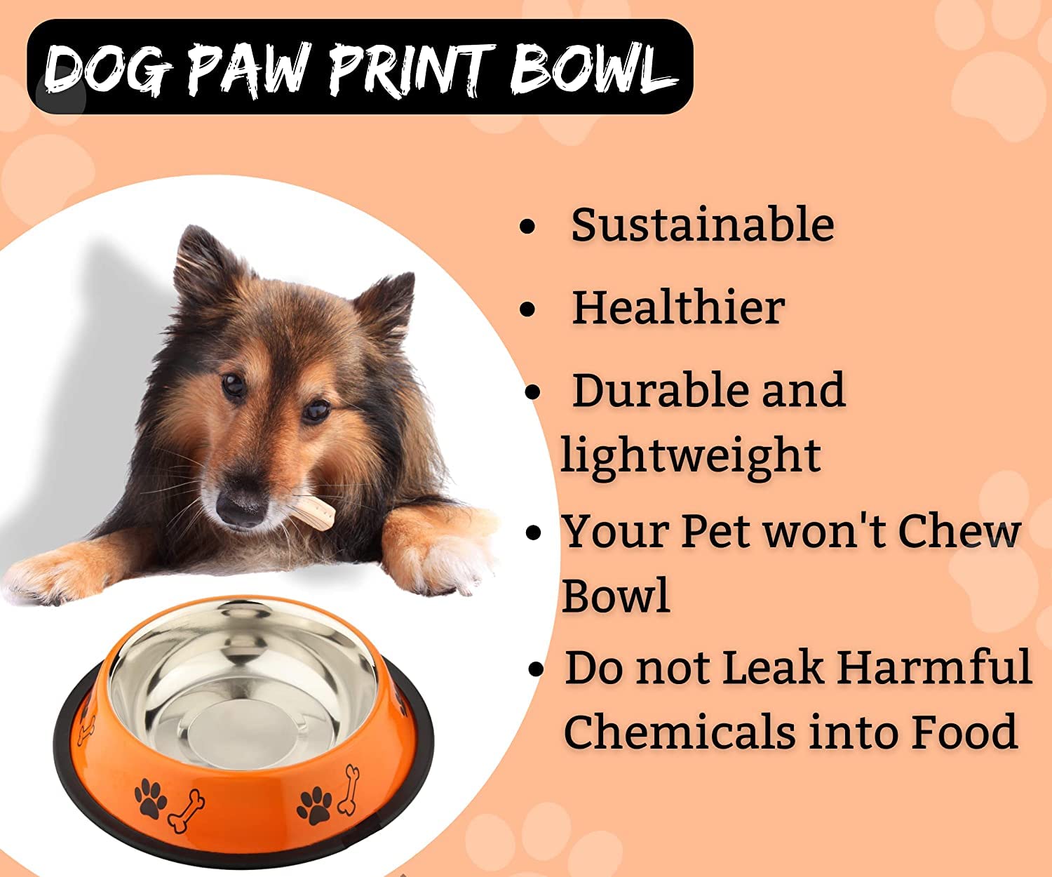  Foodie Puppies Dog Bowl Anti-Skid Stainless Steel Bowl Combo - (Orange & Yellow - 700ml) (Medium) | Paw Bone Printed Bowls for Puppies