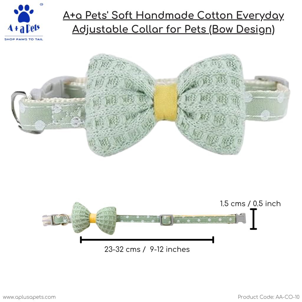  A+a Pets' Soft Handmade Cotton Bow Design Everyday Adjustable Cat Collar with Easy Open Safety Buckle for Cats, Kitten, Puppy and Small Animals (Green)