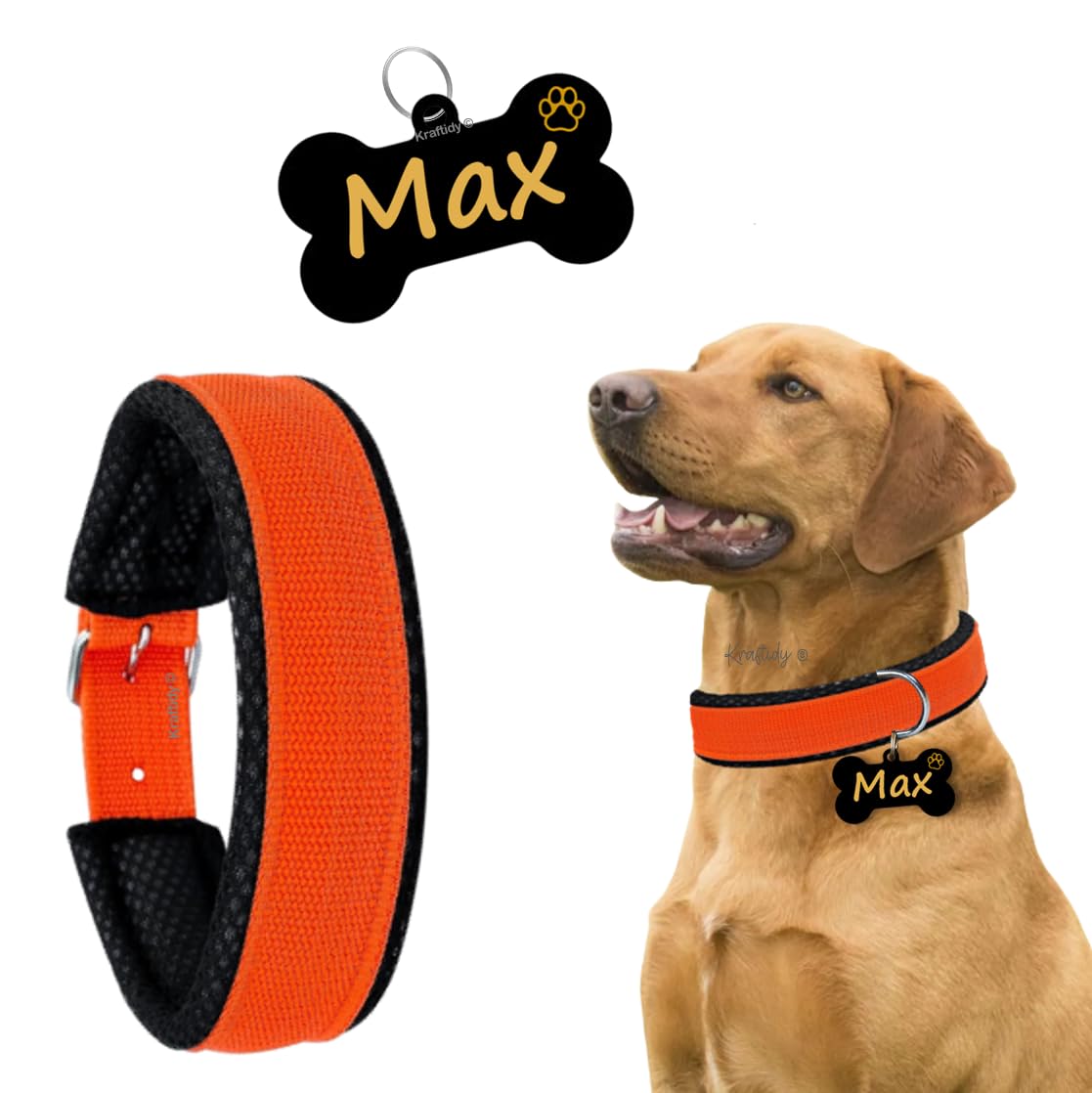 Kraftidy Dog Collar Belt with Name tag id Customized for Small Medium Large Dogs Neck Collar with Personalized Dog Name (Orange) (with Dog Name) (Large Dogs) 15.79 x 8.73 x 7.46 cm