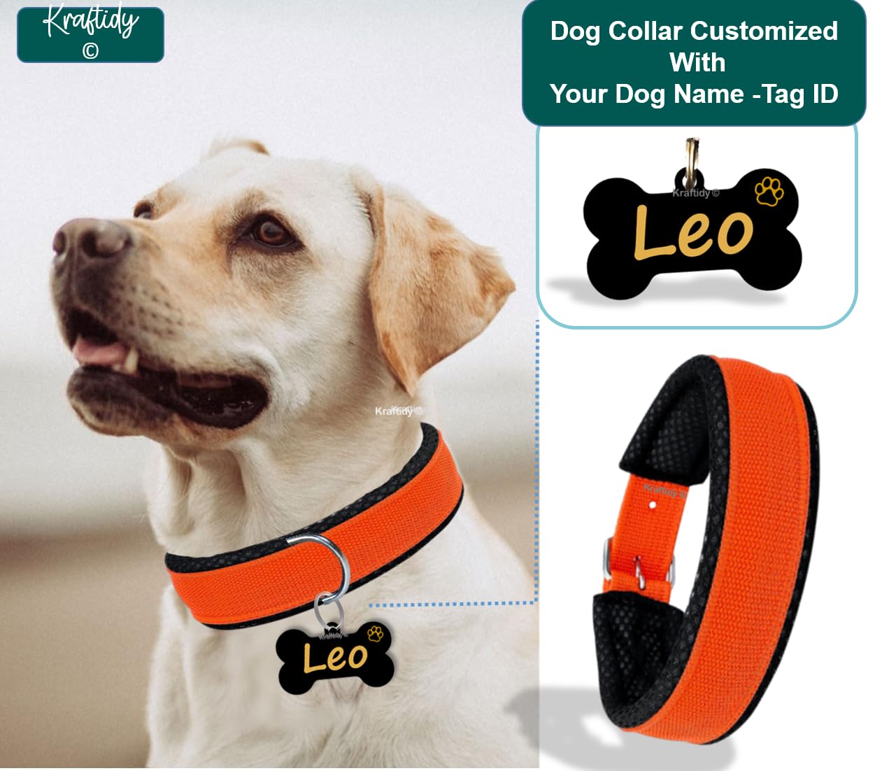 Kraftidy Dog Collar Belt with Name tag id Customized for Small Medium Large Dogs Neck Collar with Personalized Dog Name (Orange) (with Dog Name) (Large Dogs) 15.79 x 8.73 x 7.46 cm