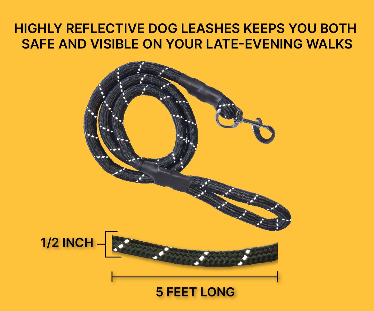 Boltz Dog Reflective Leash 5FT Long, Reflective Rope for Medium & Large Dogs (Black)