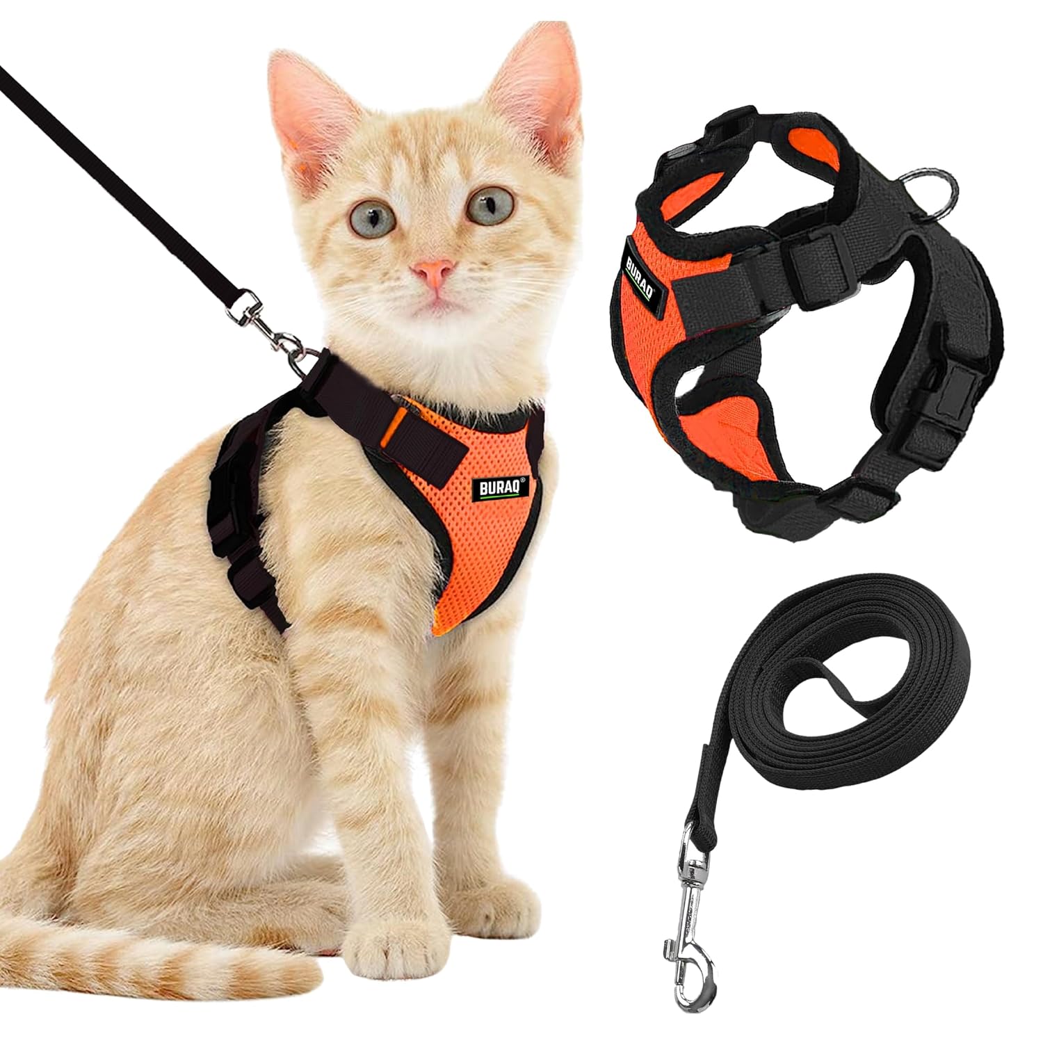 BURAQ Cat Harness Wth Leash For Walking|Escape Proof|Air Mesh Fabric|Soft Vest Harness|Easy Control|Adjustable & Durable|For Medium & Large Cats, Pack of 1