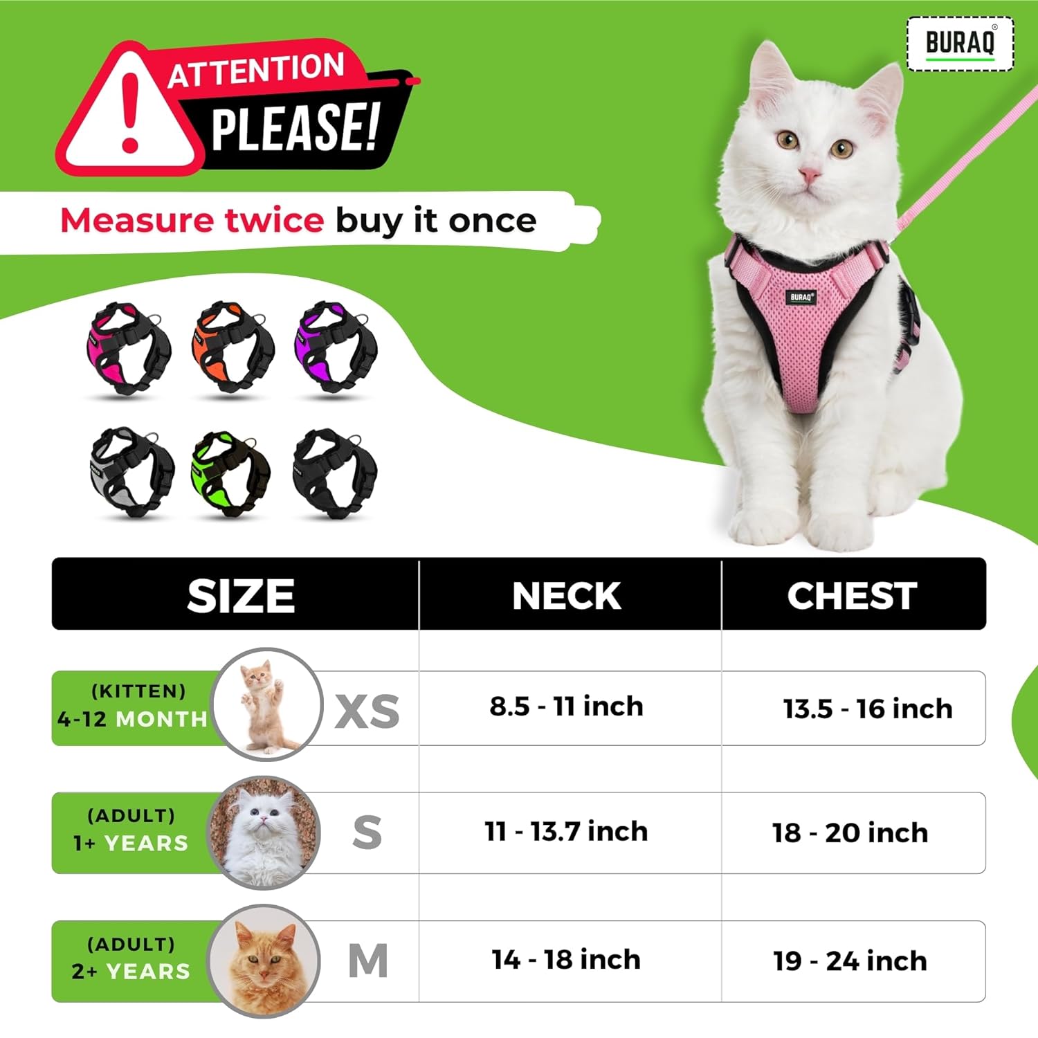 BURAQ Cat Harness Wth Leash For Walking|Escape Proof|Air Mesh Fabric|Soft Vest Harness|Easy Control|Adjustable & Durable|For Medium & Large Cats, Pack of 1