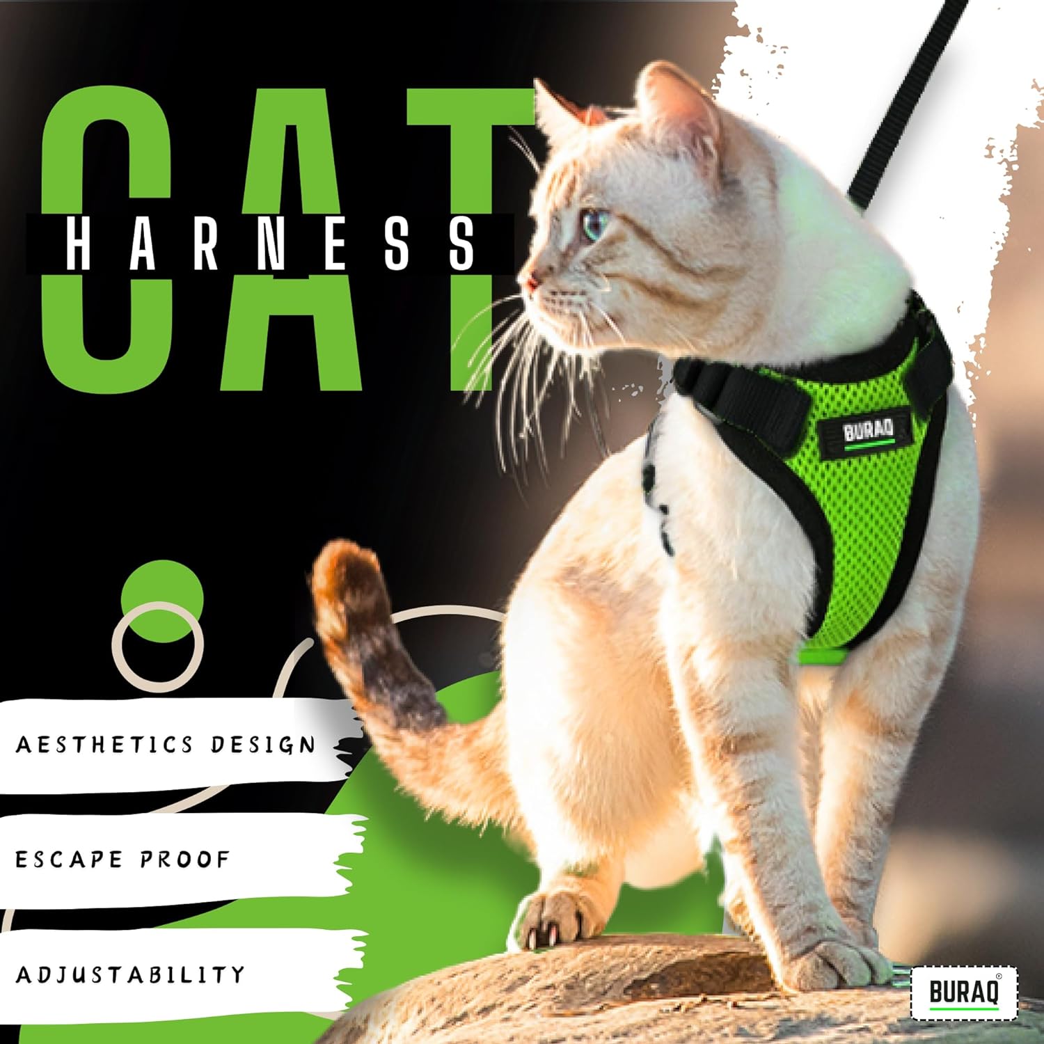 BURAQ Cat Harness Wth Leash For Walking|Escape Proof|Air Mesh Fabric|Soft Vest Harness|Easy Control|Adjustable & Durable|For Medium & Large Cats, Pack of 1