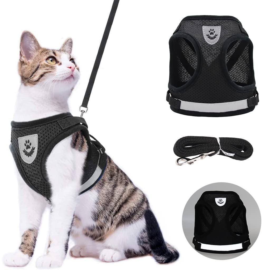 Qpets® Cat Harness for Small Pets, Adjustable Cat Belt with Safety Reflective Strip, Breathable Cat Vest Harness Mesh Fabric Cat Accessories with Cat Leash (Black, Suitable for 1-2.5 KG)