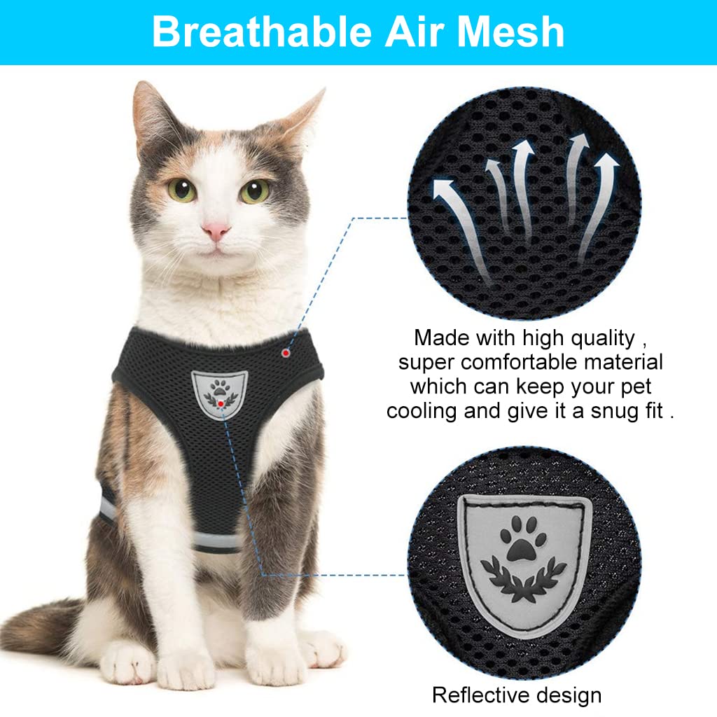 Qpets® Cat Harness for Small Pets, Adjustable Cat Belt with Safety Reflective Strip, Breathable Cat Vest Harness Mesh Fabric Cat Accessories with Cat Leash (Black, Suitable for 1-2.5 KG)