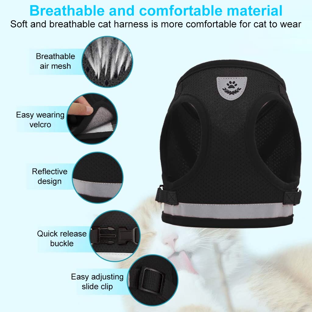 Qpets® Cat Harness for Small Pets, Adjustable Cat Belt with Safety Reflective Strip, Breathable Cat Vest Harness Mesh Fabric Cat Accessories with Cat Leash (Black, Suitable for 1-2.5 KG)