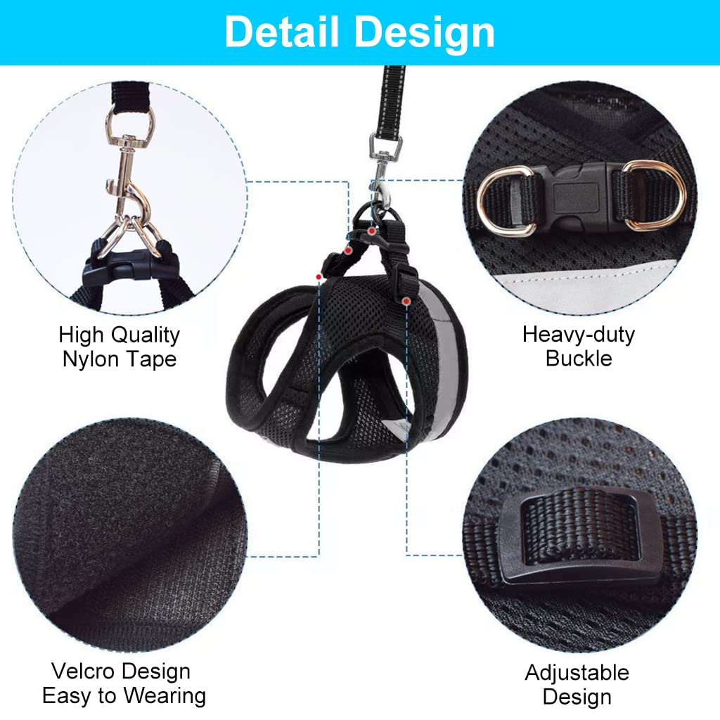 Qpets® Cat Harness for Small Pets, Adjustable Cat Belt with Safety Reflective Strip, Breathable Cat Vest Harness Mesh Fabric Cat Accessories with Cat Leash (Black, Suitable for 1-2.5 KG)