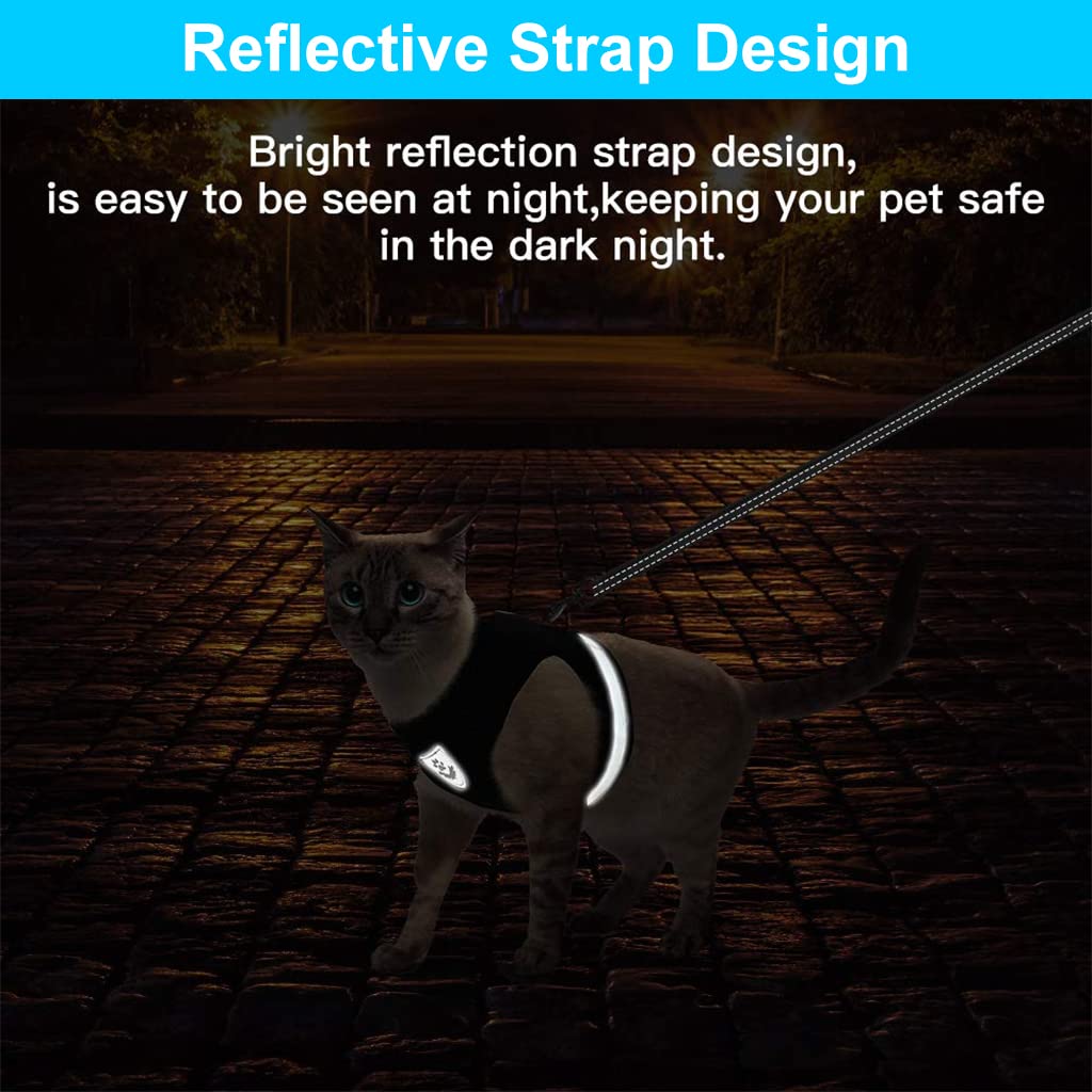 Qpets® Cat Harness for Small Pets, Adjustable Cat Belt with Safety Reflective Strip, Breathable Cat Vest Harness Mesh Fabric Cat Accessories with Cat Leash (Black, Suitable for 1-2.5 KG)