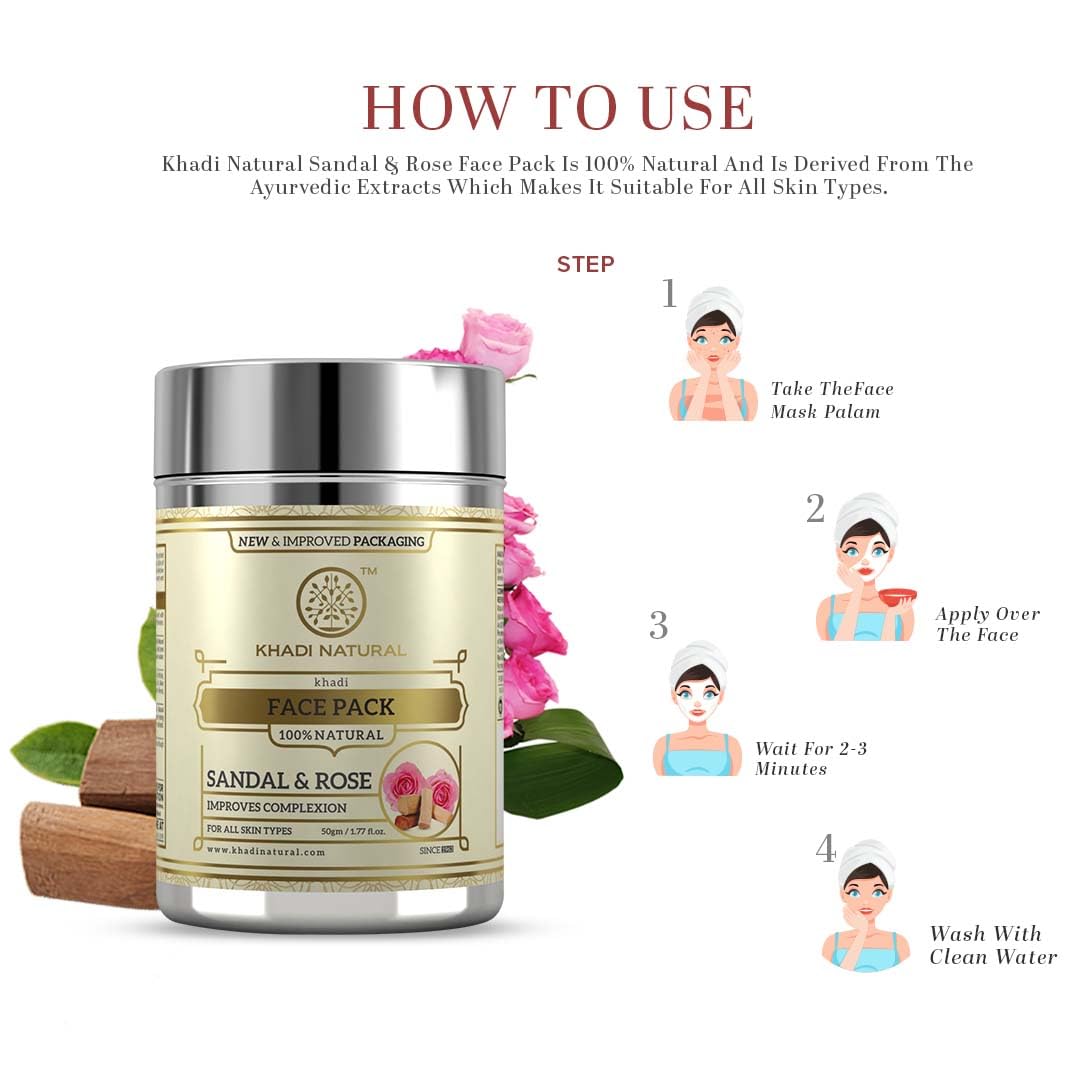 Khadi Natural Sandal and Rose Herbal Face Pack, 50g| Face Pack for Controlling Excess Oil | Natural Face Pack for Acne | Herbal Face Pack for Glowing Skin 