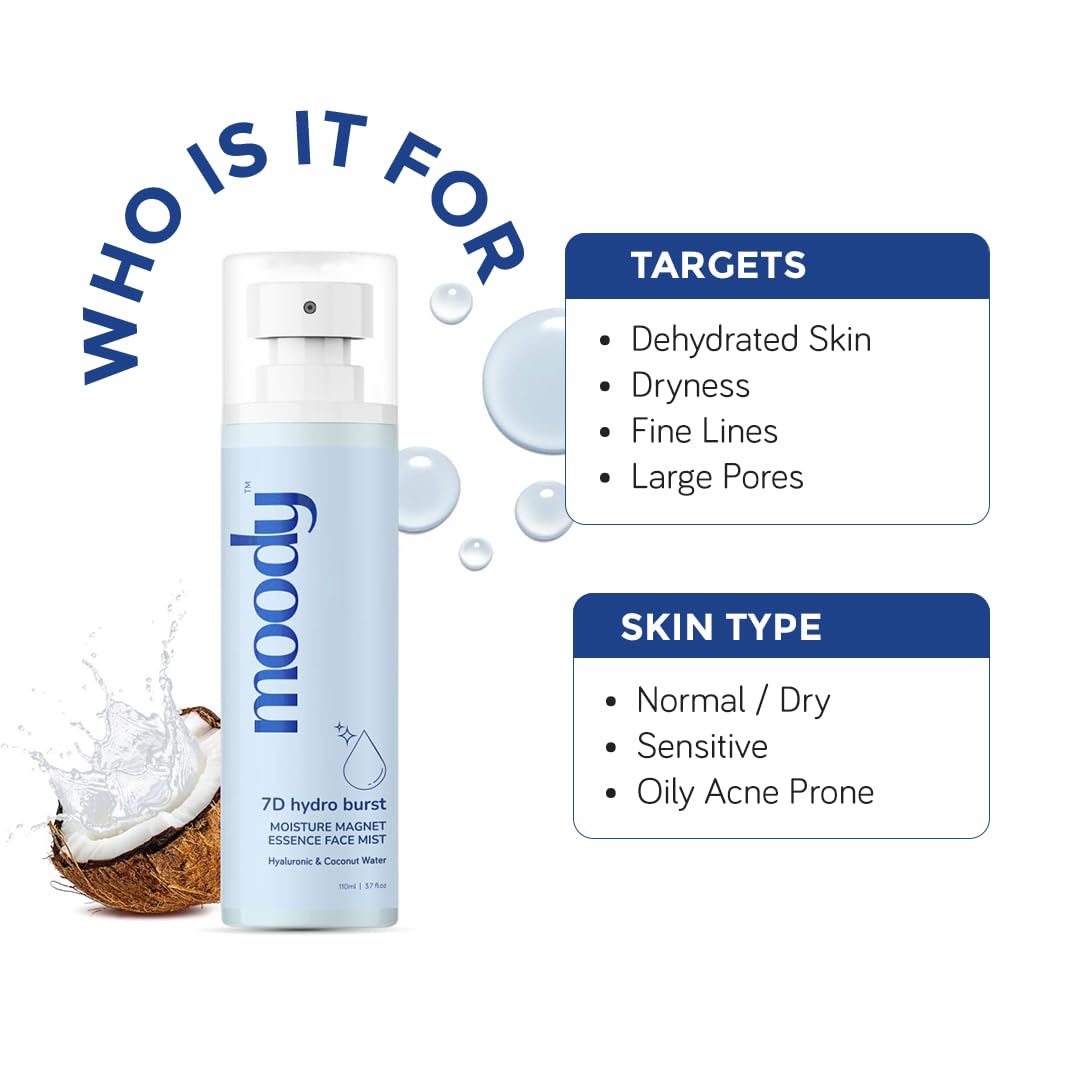 Moody 7D Hydro Burst Hydrating Face Mist & Essence Toner with Hyaluronic Acid Vitamin B5 & Rice Water for Hydrated & Plumped Skin