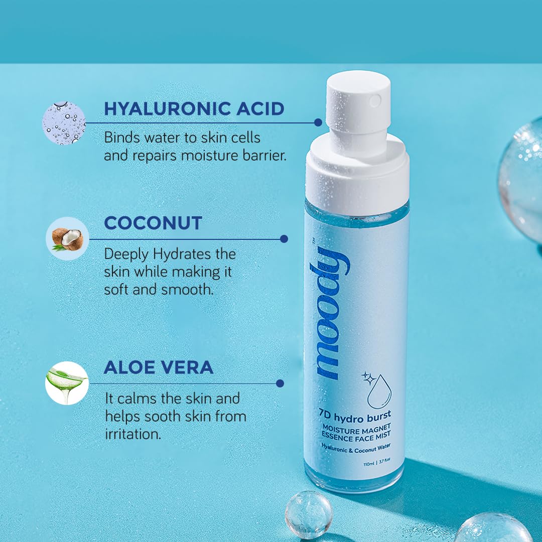 Moody 7D Hydro Burst Hydrating Face Mist & Essence Toner with Hyaluronic Acid Vitamin B5 & Rice Water for Hydrated & Plumped Skin