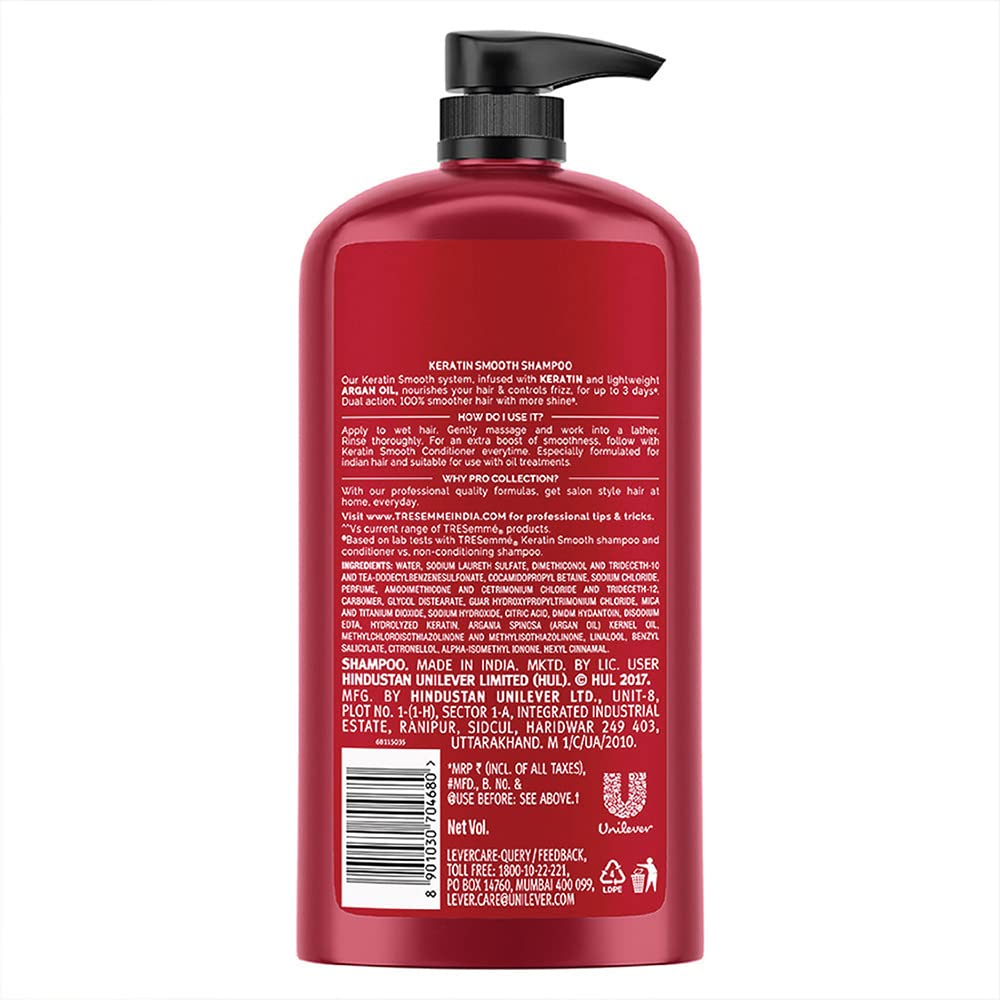  Tresemme Keratin Smooth, Shampoo, 1L, for Straighter, Shinier Hair, with Keratin & Argan Oil, Nourishes Dry Hair, Controls Frizz , for Men & Women