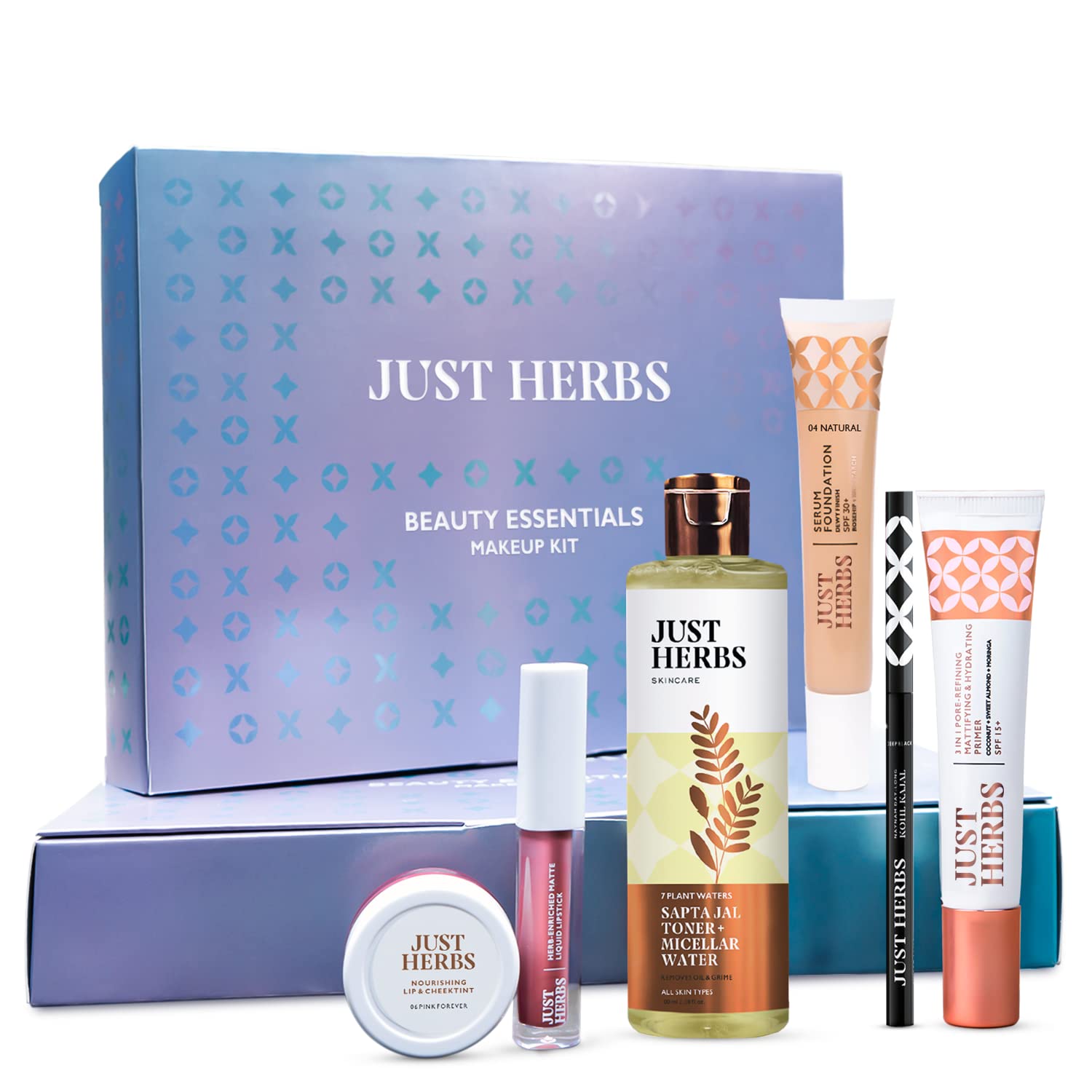 Just Herbs Makeup Kit for Women with Kohl Kajal, 3 in 1 Primer, Liquid Lipstick, Serum Foundation, Saptajal Toner and Lip & Cheeck Tint (Gift Set)