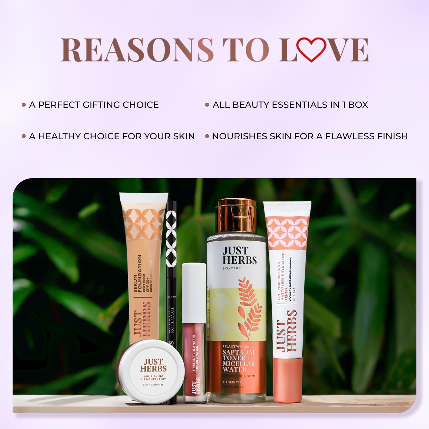 Just Herbs Makeup Kit for Women with Kohl Kajal, 3 in 1 Primer, Liquid Lipstick, Serum Foundation, Saptajal Toner and Lip & Cheeck Tint (Gift Set)