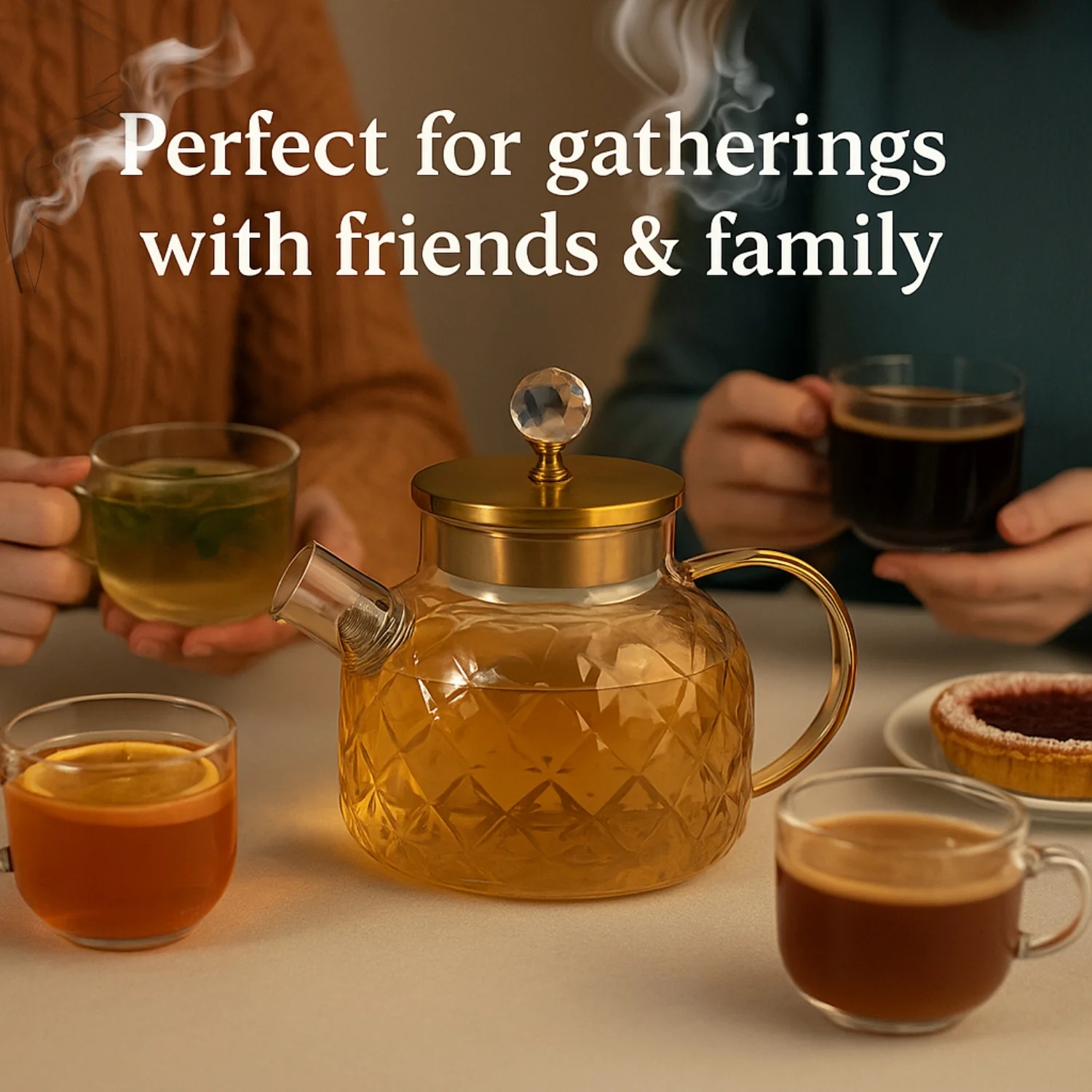 LA' VITE 1L Borosilicate Glass Kettle – Heat-Proof | Golden Stainless Steel Lid | Crystal Knob | 304 SS Strainer | Flame, Induction & Microwave Safe