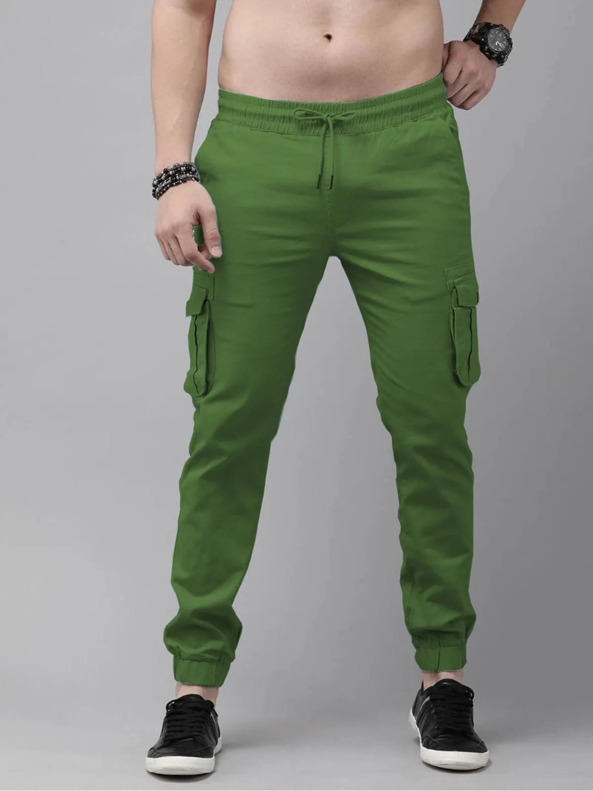 Olive Green Cotton Blend Slim Fit Men’s Cargo Joggers