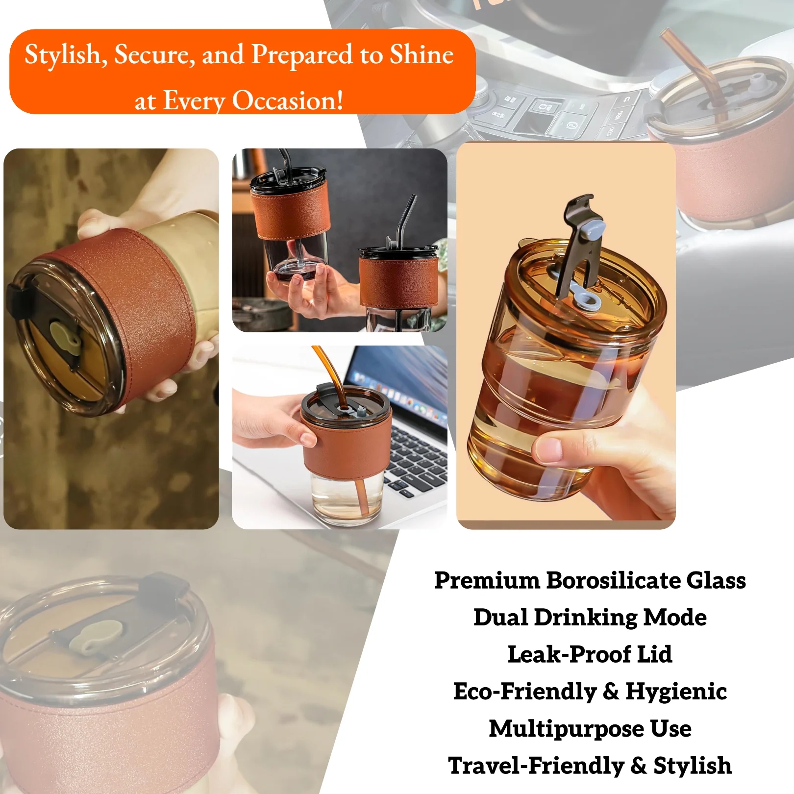 LA' FORTE Borosilicate Glass Tumbler | Leak-Proof Travel Cup | Glass Straw & Leather Jacket | Hot & Cold Beverages | Dual Drinking Mode - Sip & Straw