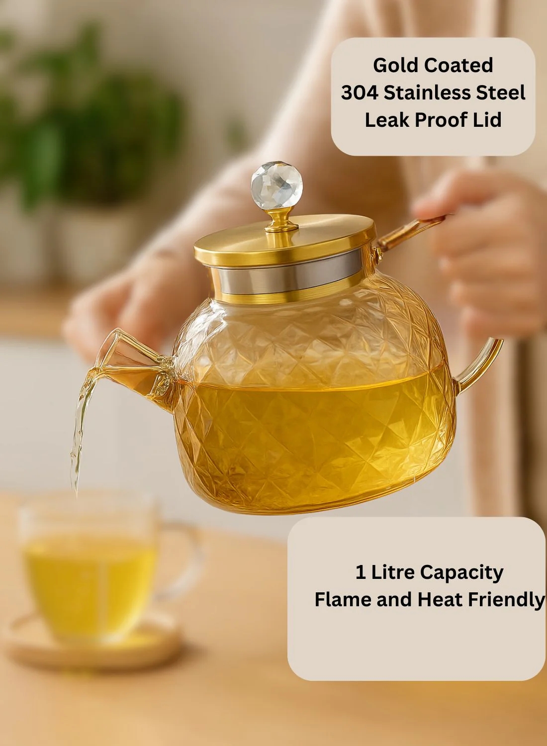 LA' VITE 1L Borosilicate Glass Kettle – Heat-Proof | Golden Stainless Steel Lid | Crystal Knob | 304 SS Strainer | Flame, Induction & Microwave Safe