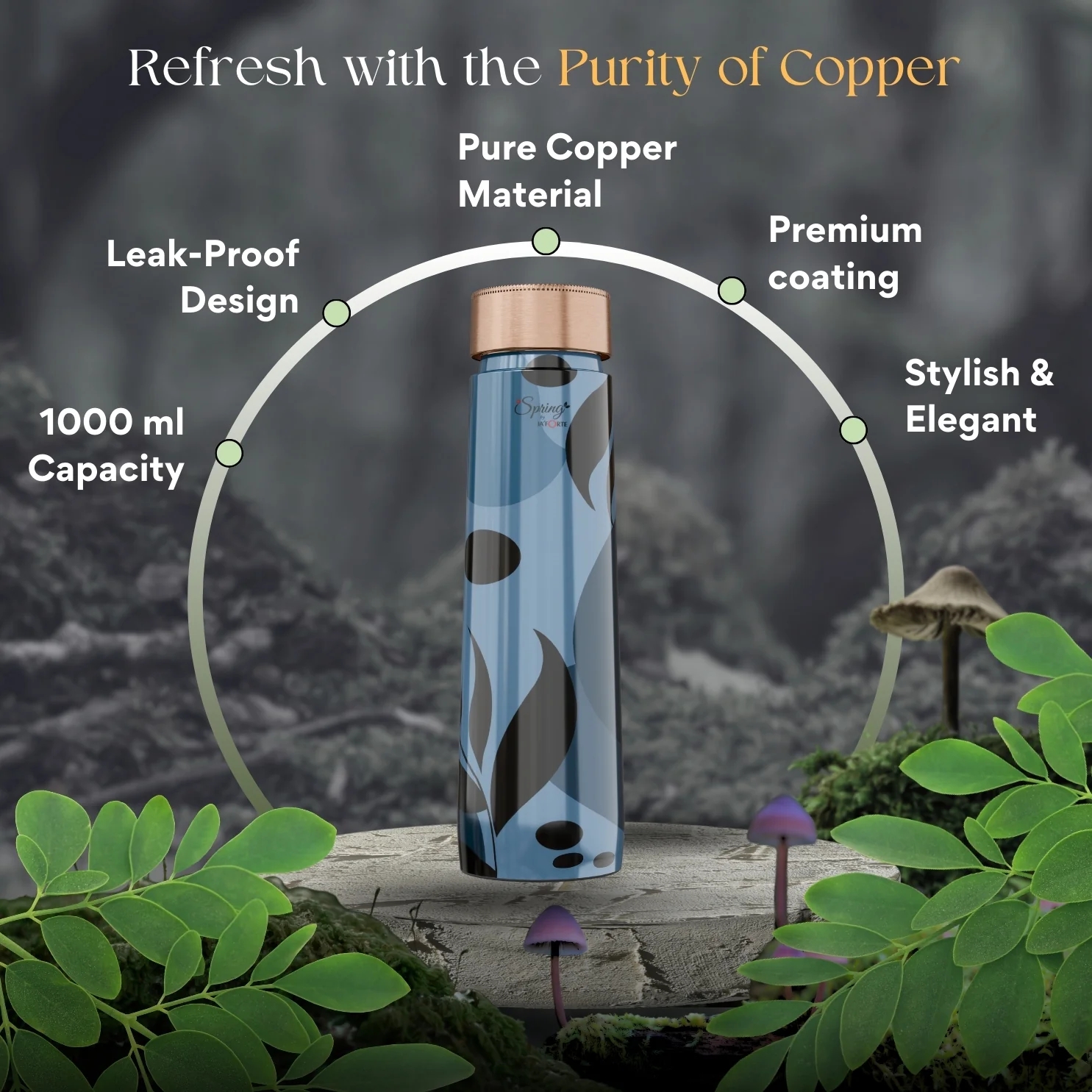 Pure Copper Elegant 1000 ml Premium Coated Water Bottles (Blue Black, 1000 Ml)