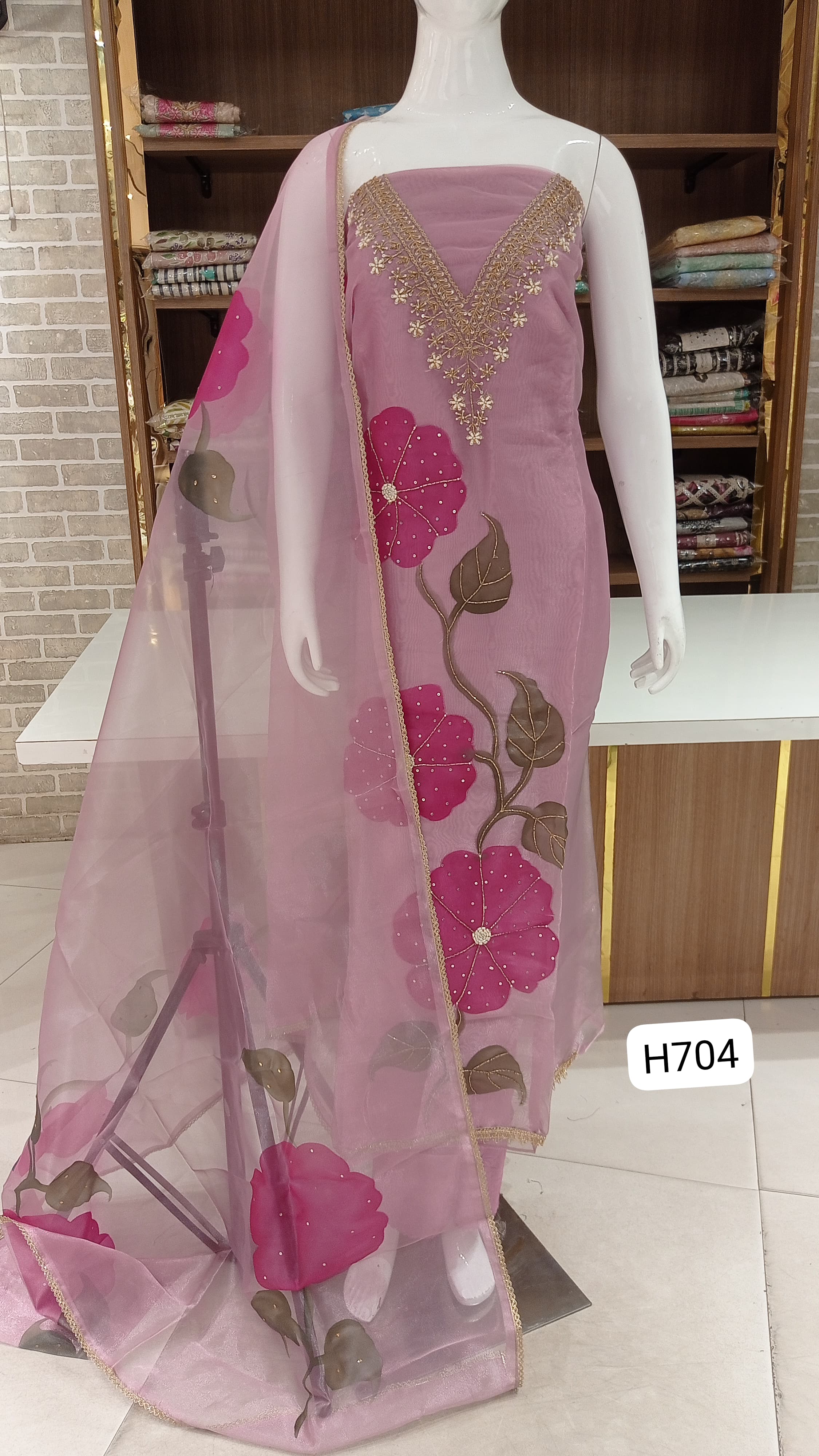 Imported pure organza silk beautiful  neck hand work  