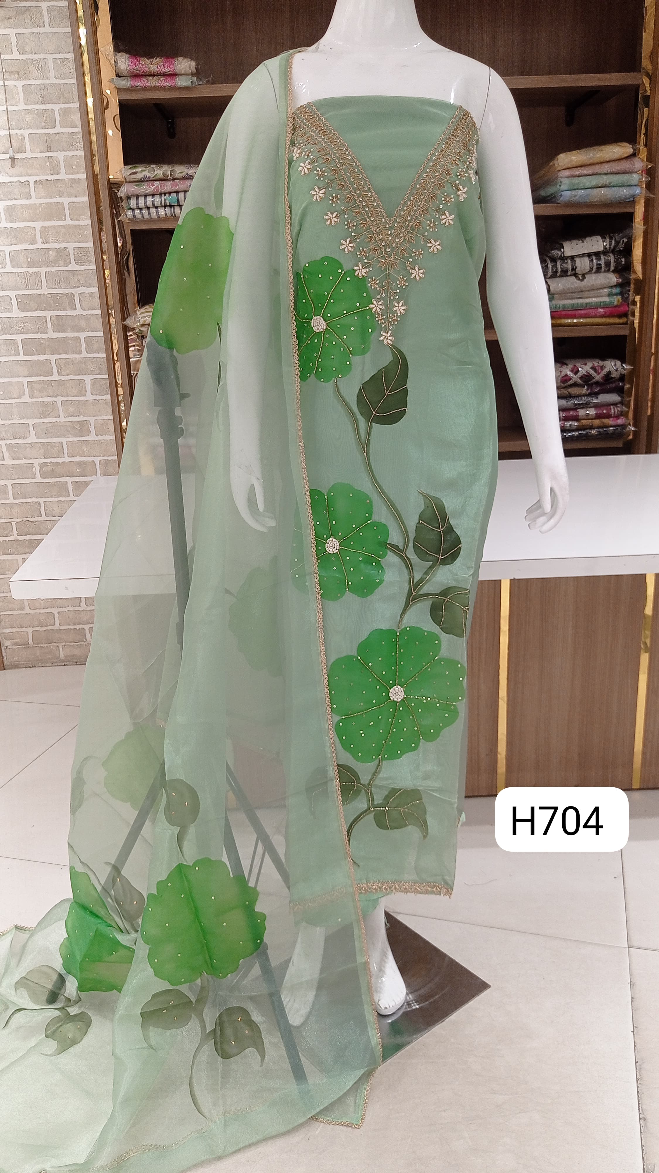 Imported pure organza silk beautiful  neck hand work  