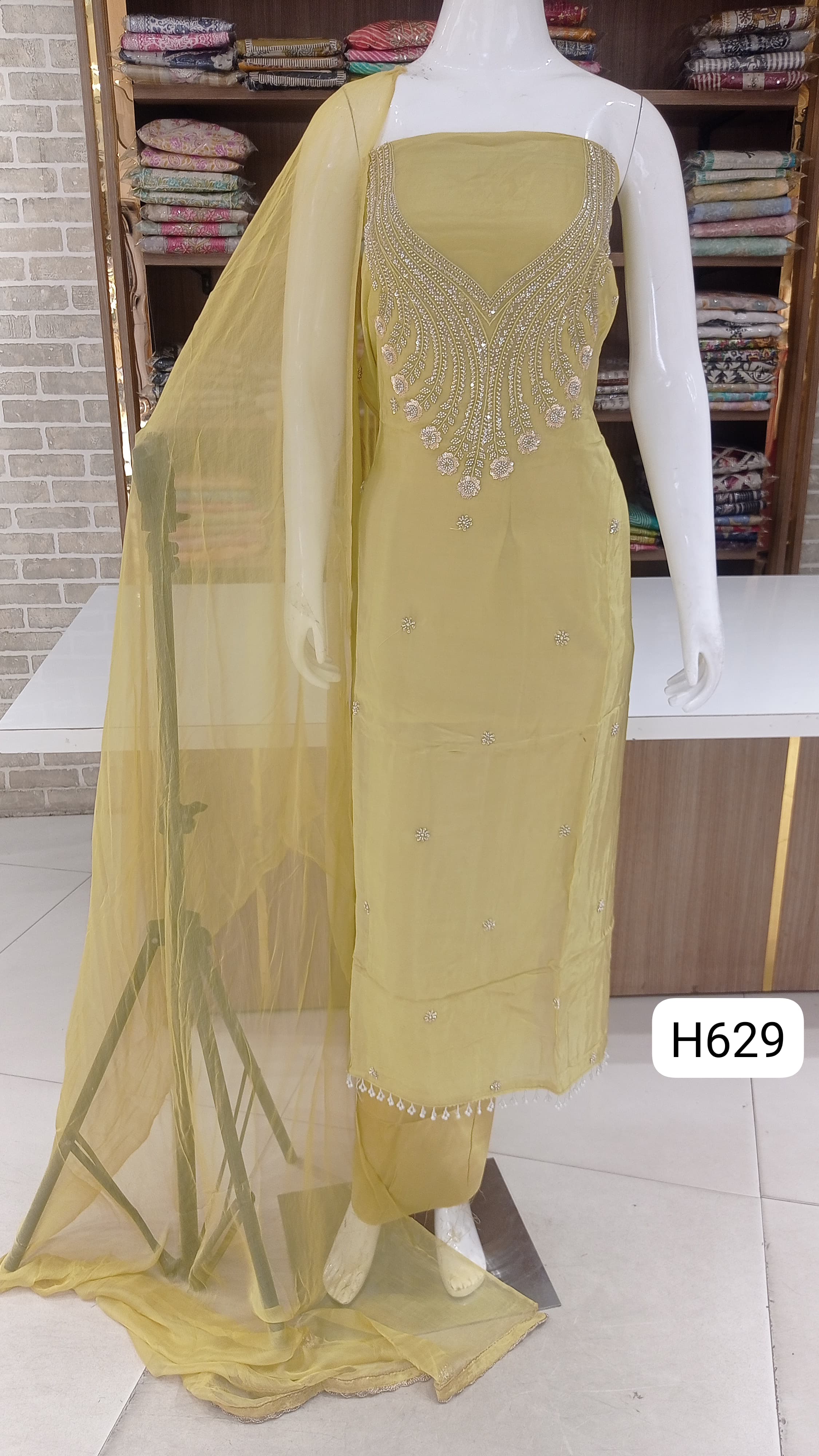 Soft silk dress  with beautiful  neck hand work