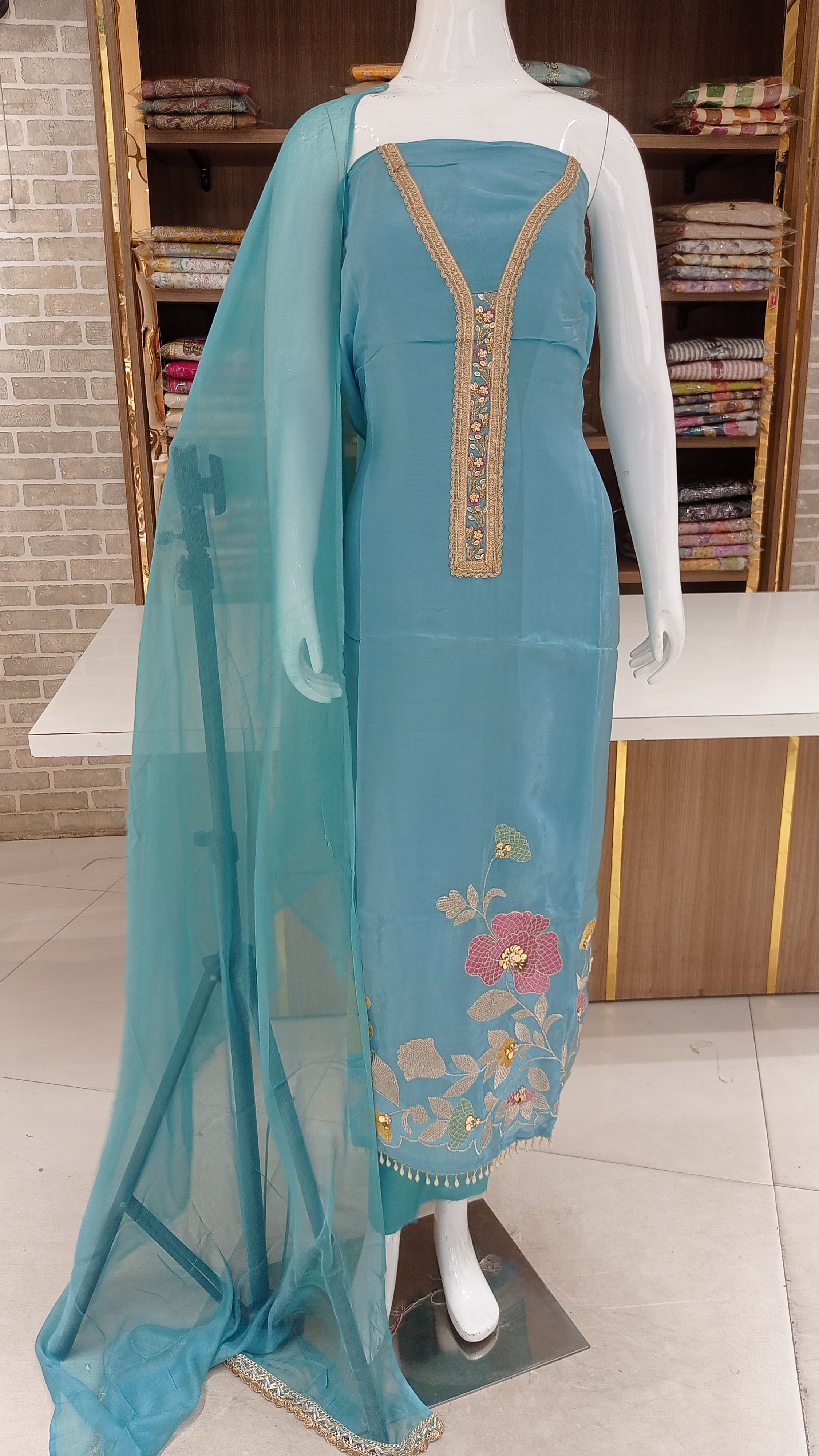 Imported soft silk semi stit hed beautiful  embrodied 