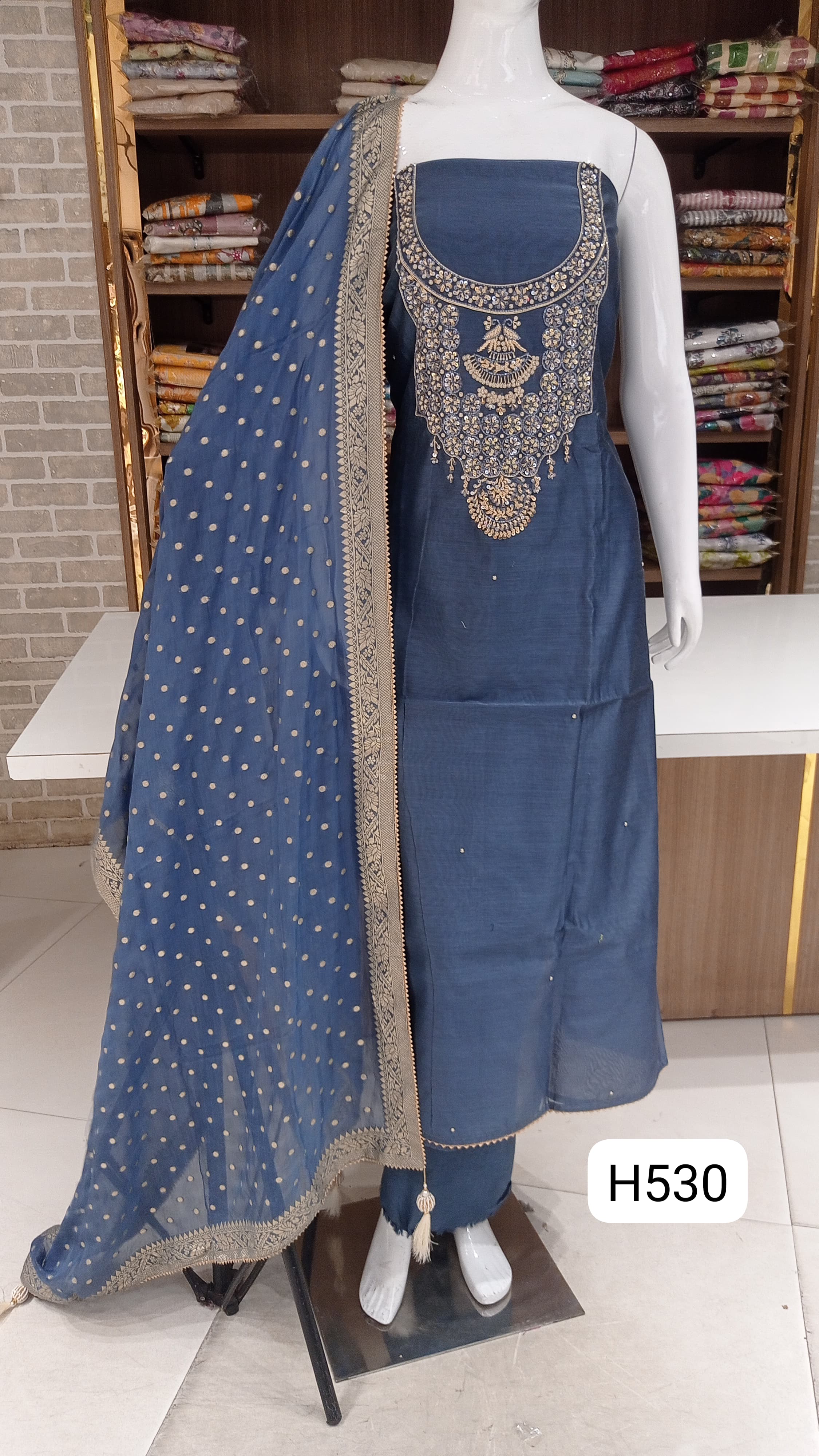 Maheshwari silk dress material  with beautiful  heavy neck work