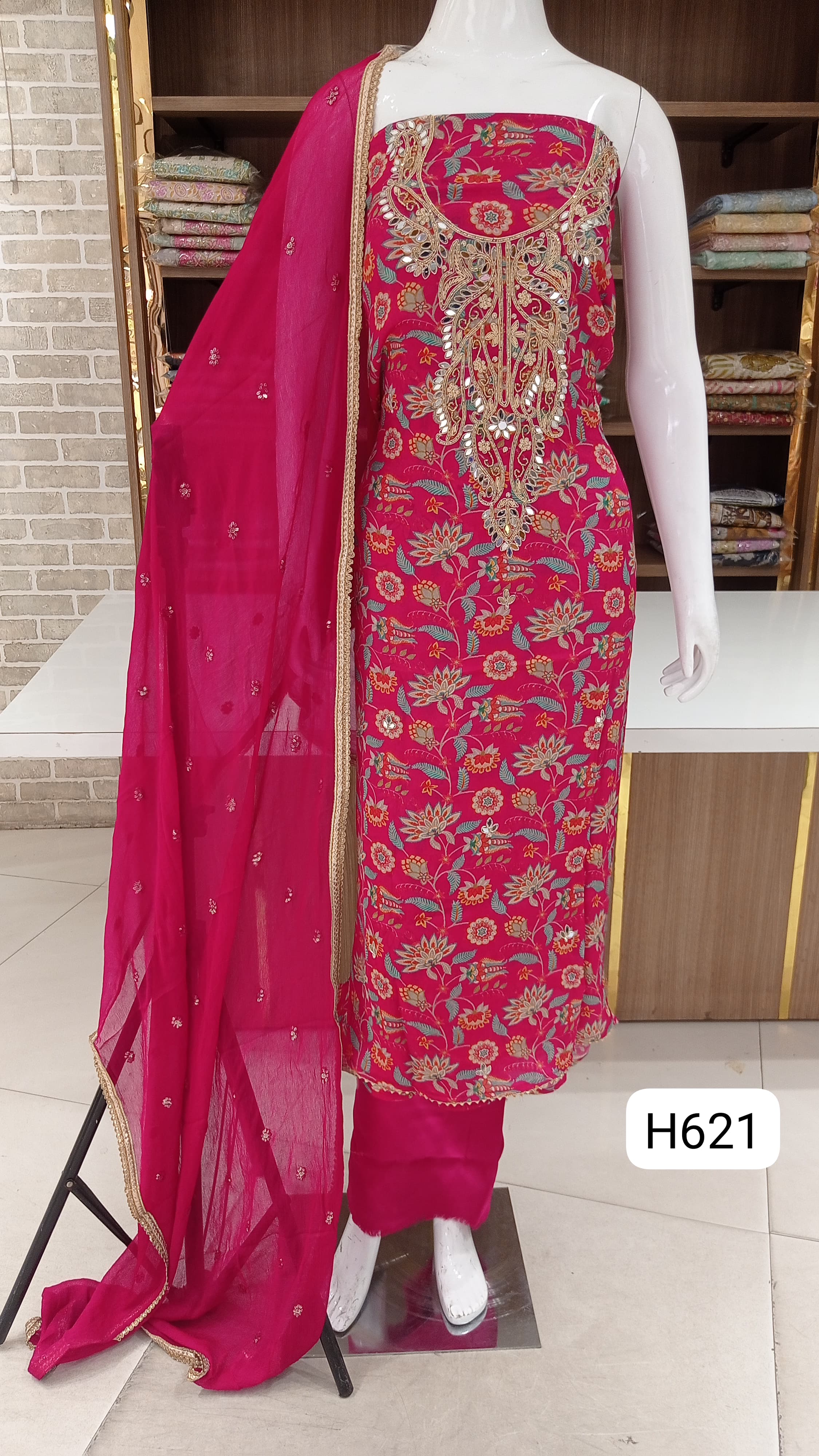 Pure Soft chinnon silk dress material  with beautiful  heavy neck work