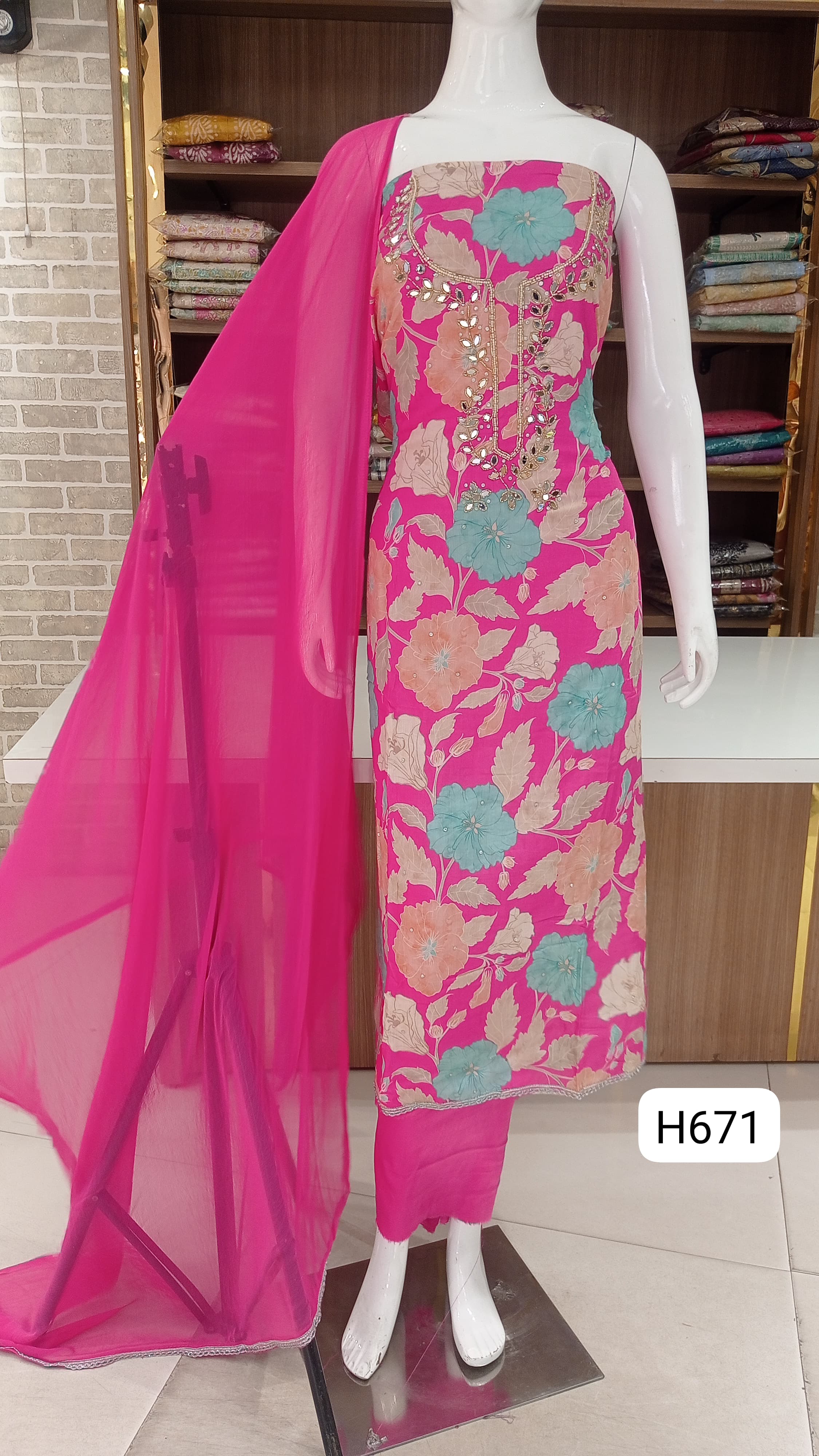 Muslin silk semi stitched with beautiful neck pearl work