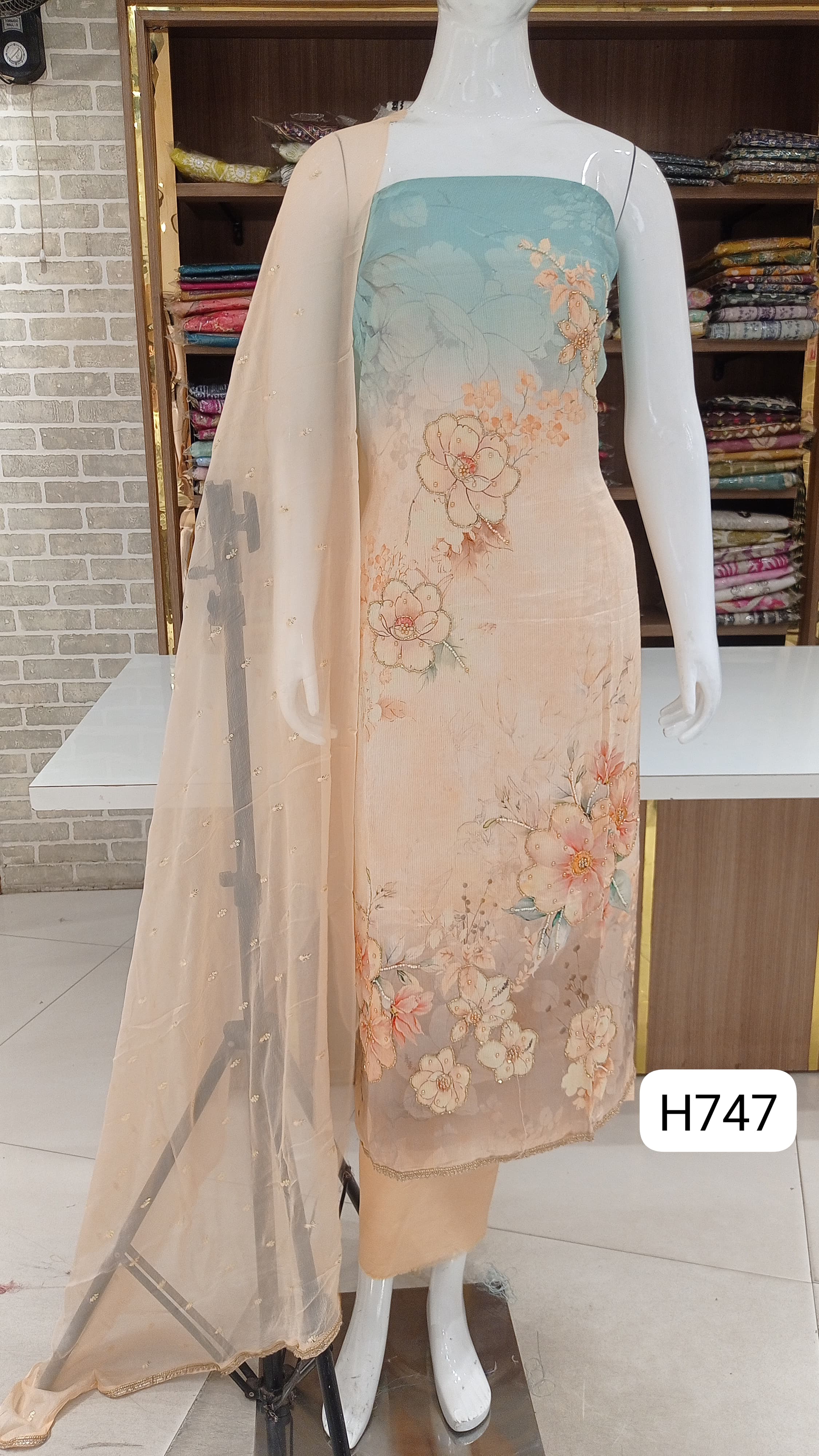 Muslin silk semi stitched beautiful  print with self nalki work