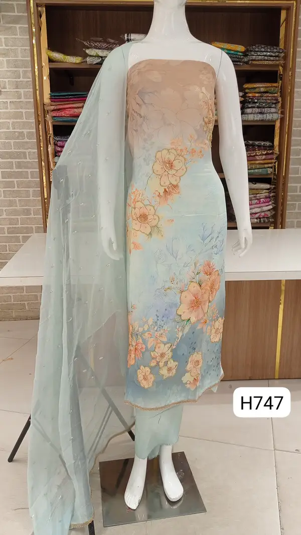 Muslin silk semi stitched beautiful  print with self nalki work