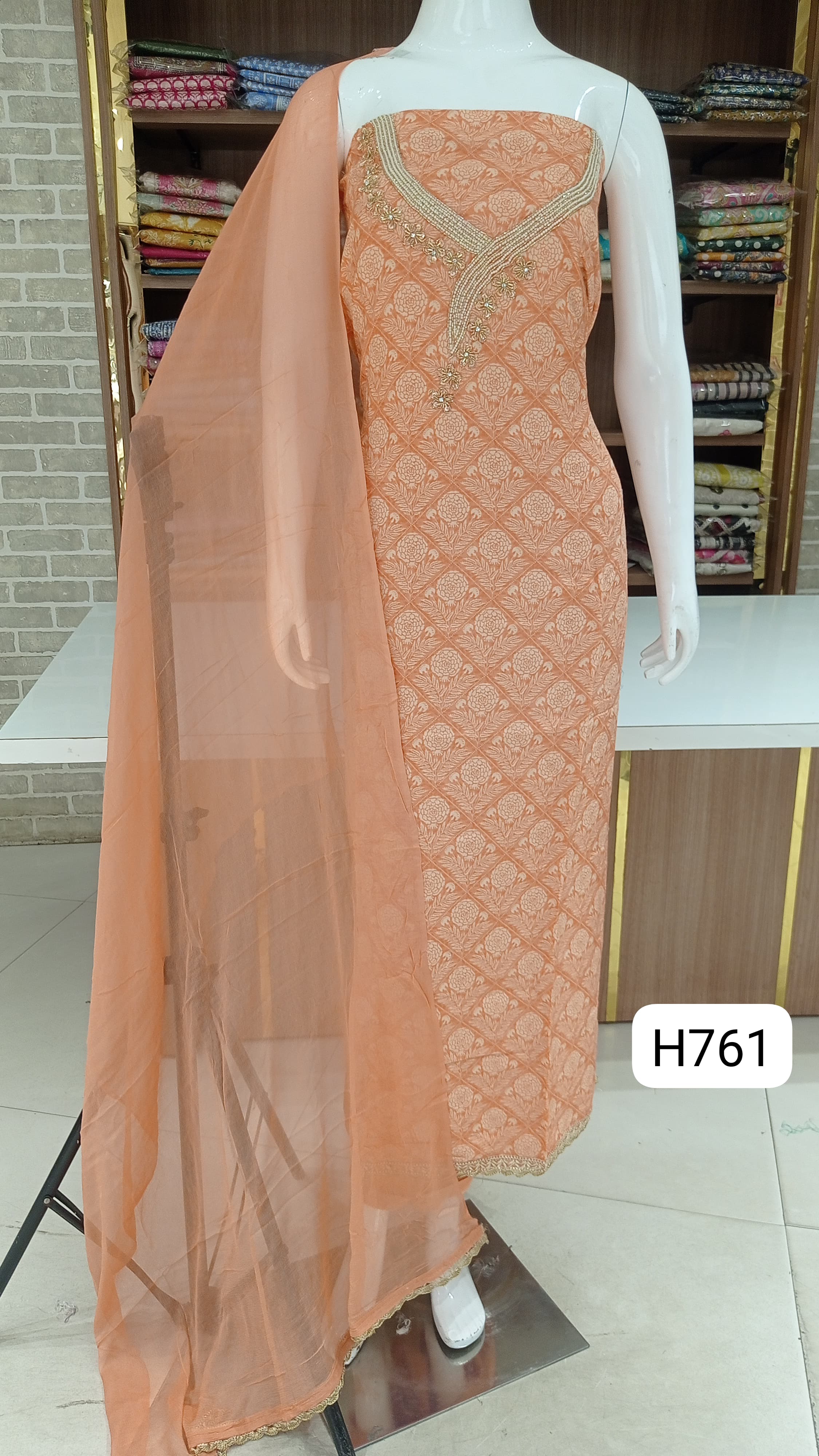 Muslin silk semi stitched  beautiful  neck pearl work