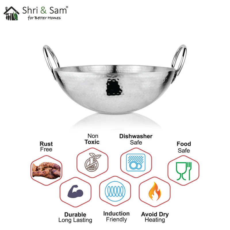Shri & Sam Stainless Steel Heavy Weight Hammered Kadhai, 2.5 mm