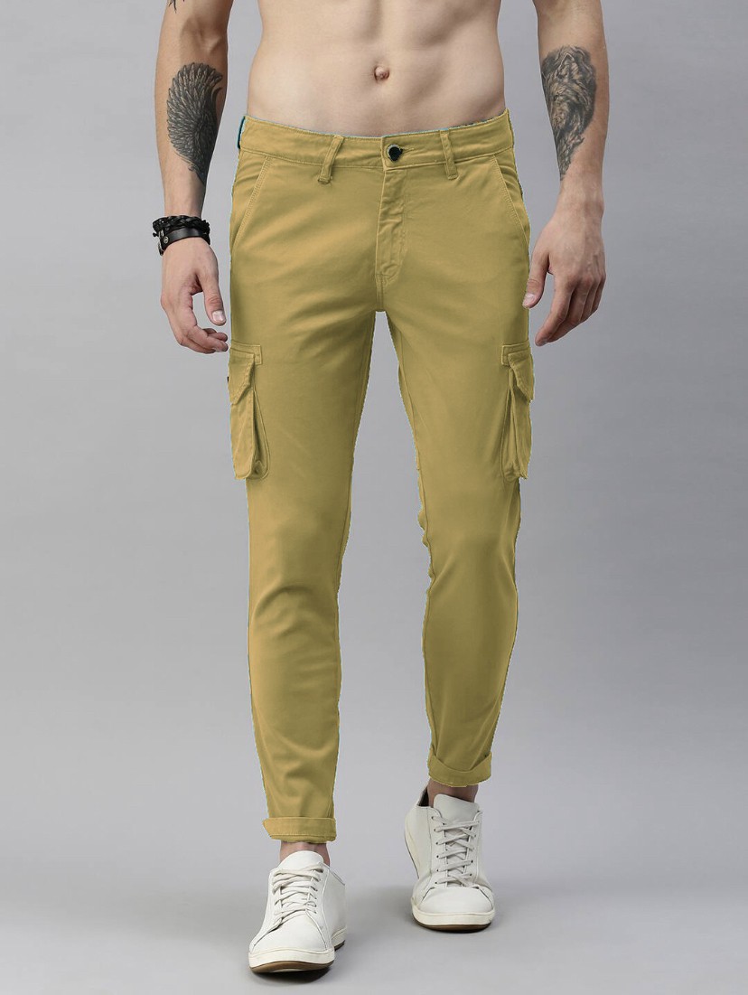 Cream Cotton Blend Solid Mens Cargo