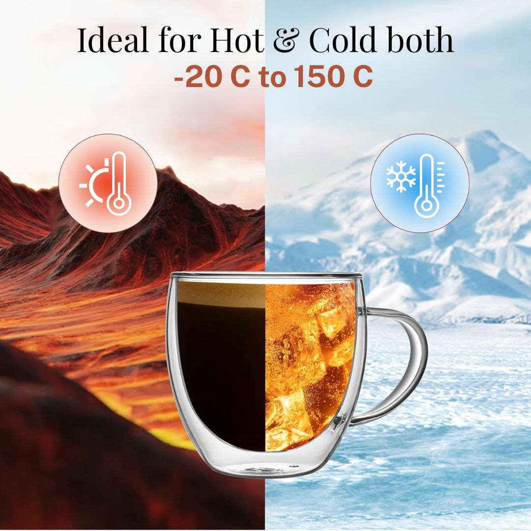 250ml Double-Walled Borosilicate Glass Cups | Transparent Insulated Coffee Mugs for Hot & Cold Beverages (Set of 2)